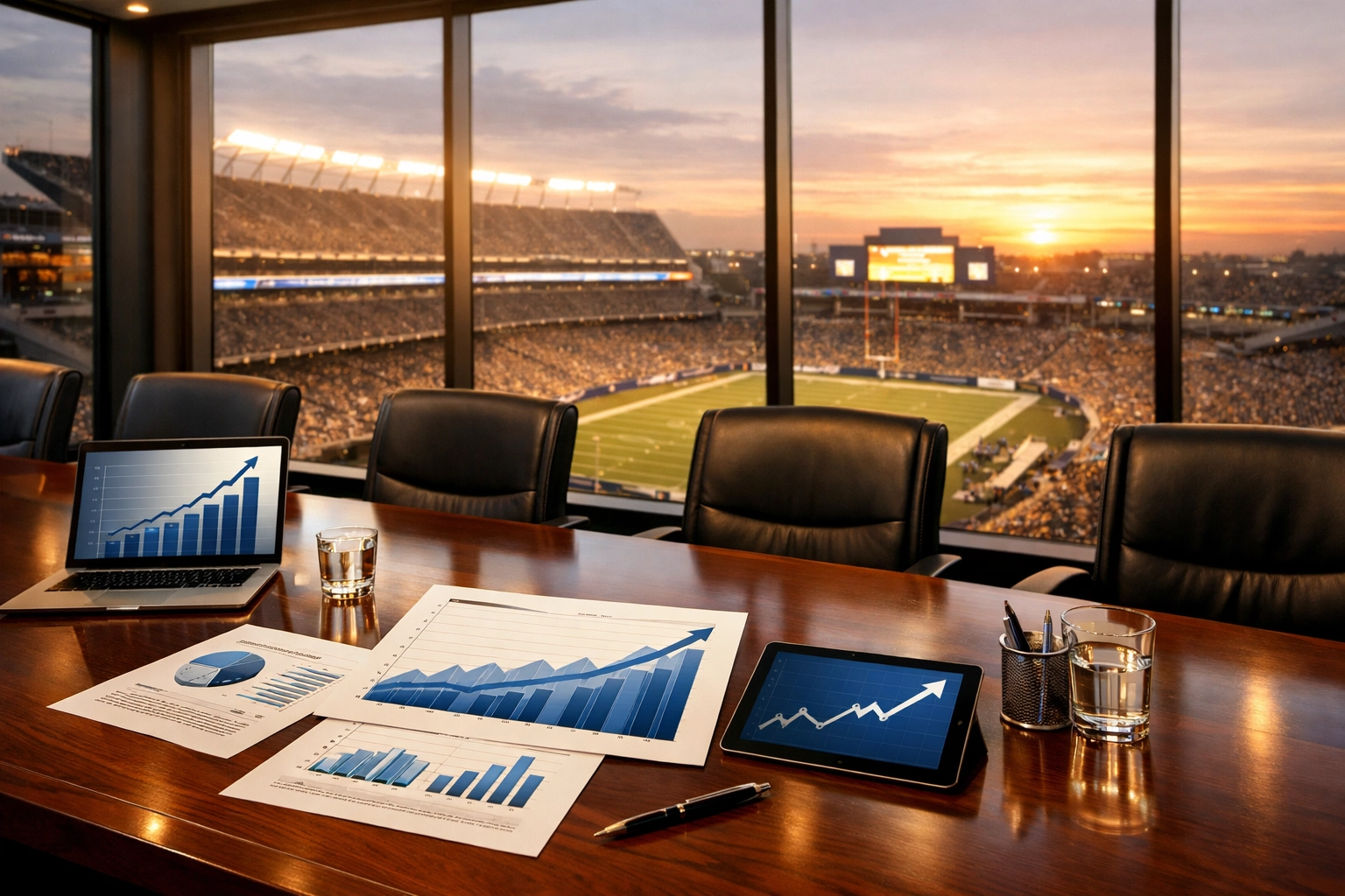 Corporate boardroom overlooking stadium with ROI data charts for Super Bowl business strategy
