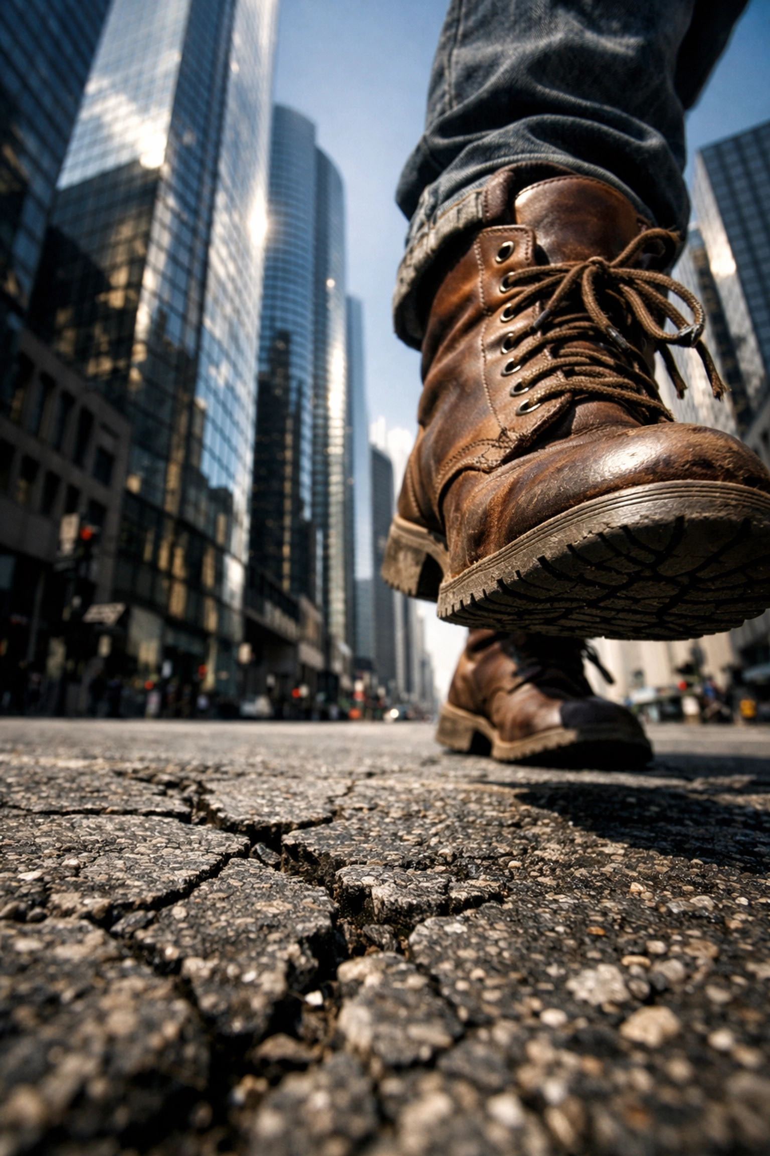 A worm's-eye view of boots walking on pavement, a creative street photography idea for unique angles.
