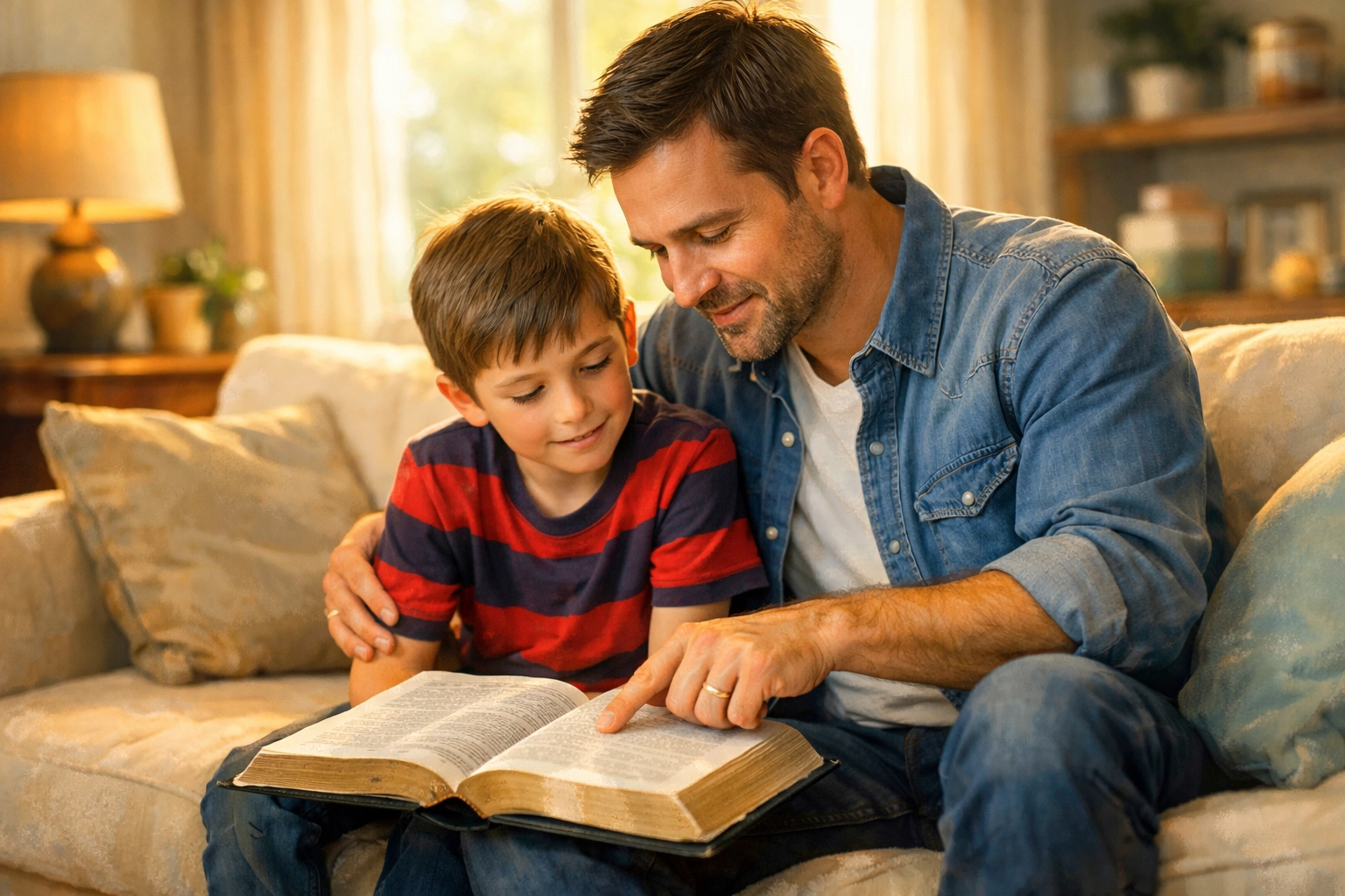 Father and son studying the Bible together for spiritual growth and discipleship.