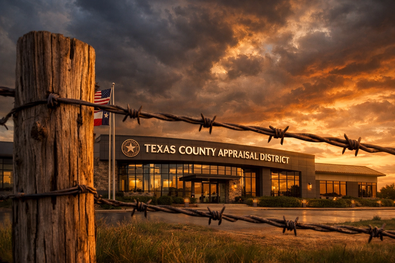 Texas County Appraisal District office with agricultural land and fence, representing increased ag-exemption audits