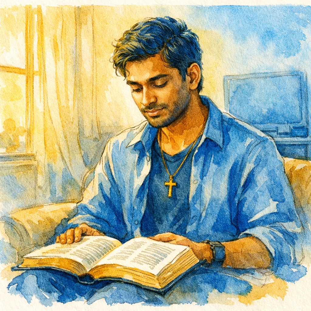 Young man prioritizing Bible study and spiritual growth over entertainment media