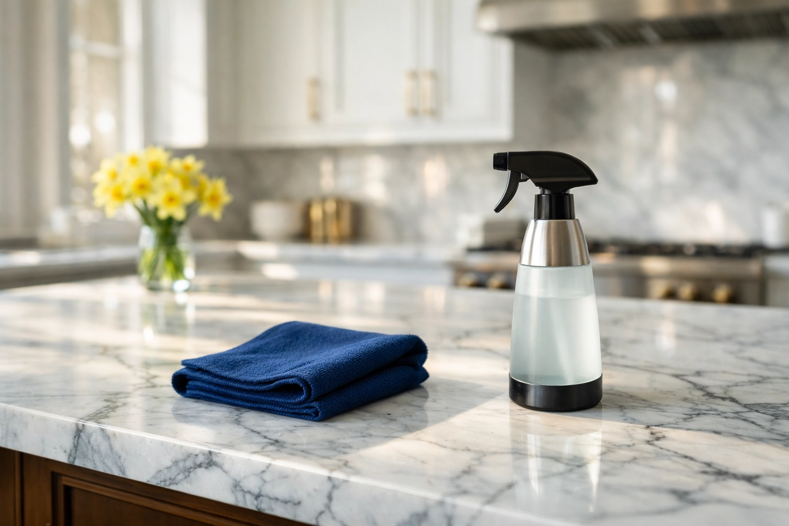 Eco-friendly deep cleaning service in a luxury Lexington kitchen with marble countertops and white cabinets.