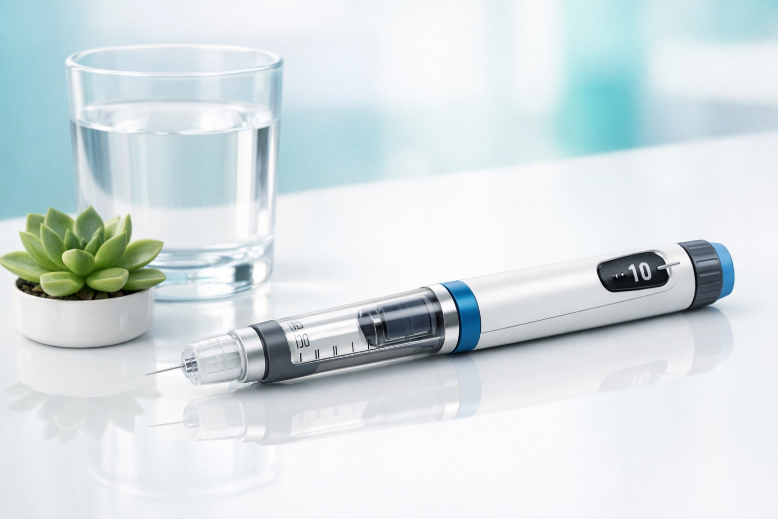 Modern medical weight loss injection pen on a white surface, illustrating clinical GLP-1 treatment support.
