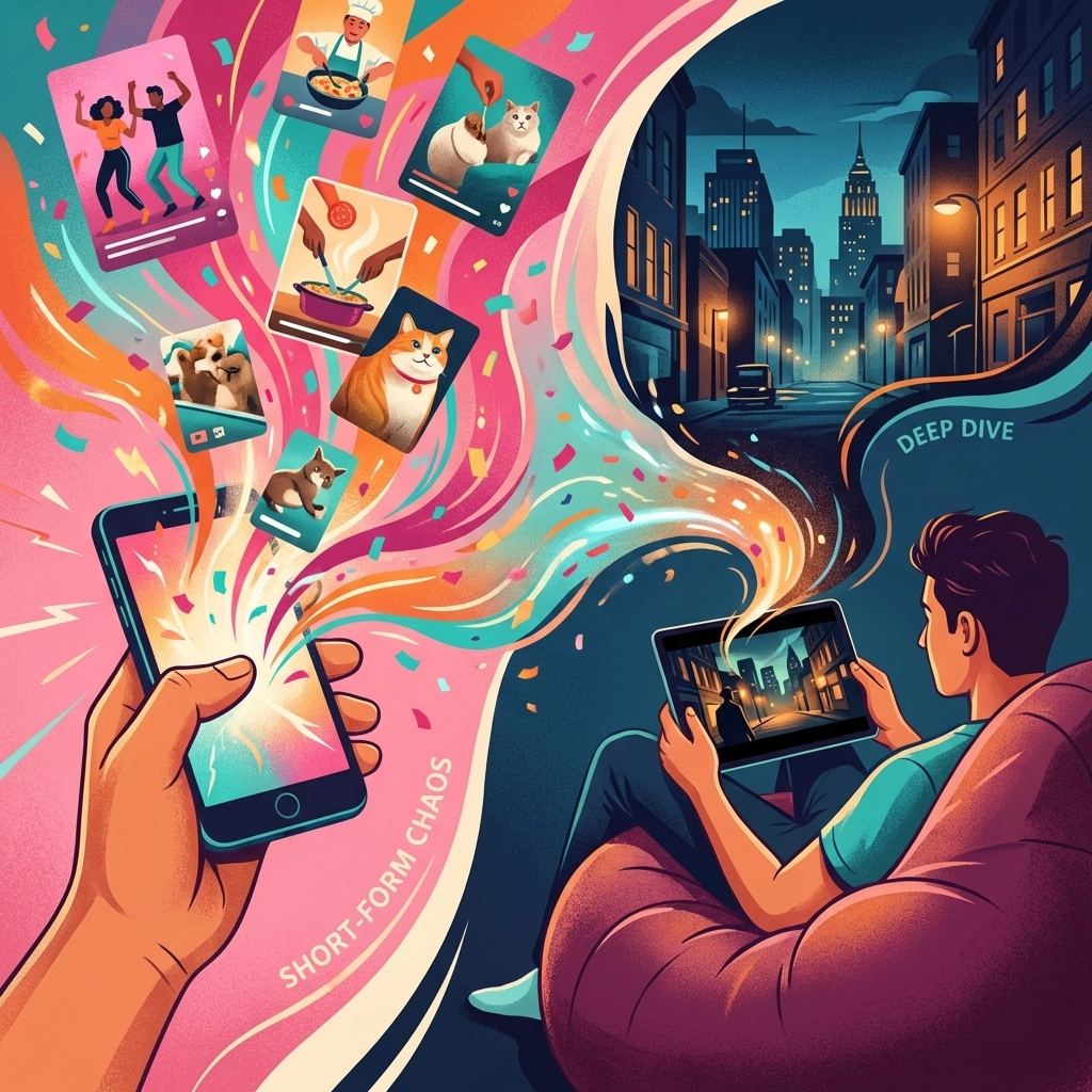 Split-screen of person using smartphone for short videos and tablet for long-form content, illustrating diverse viewing habits