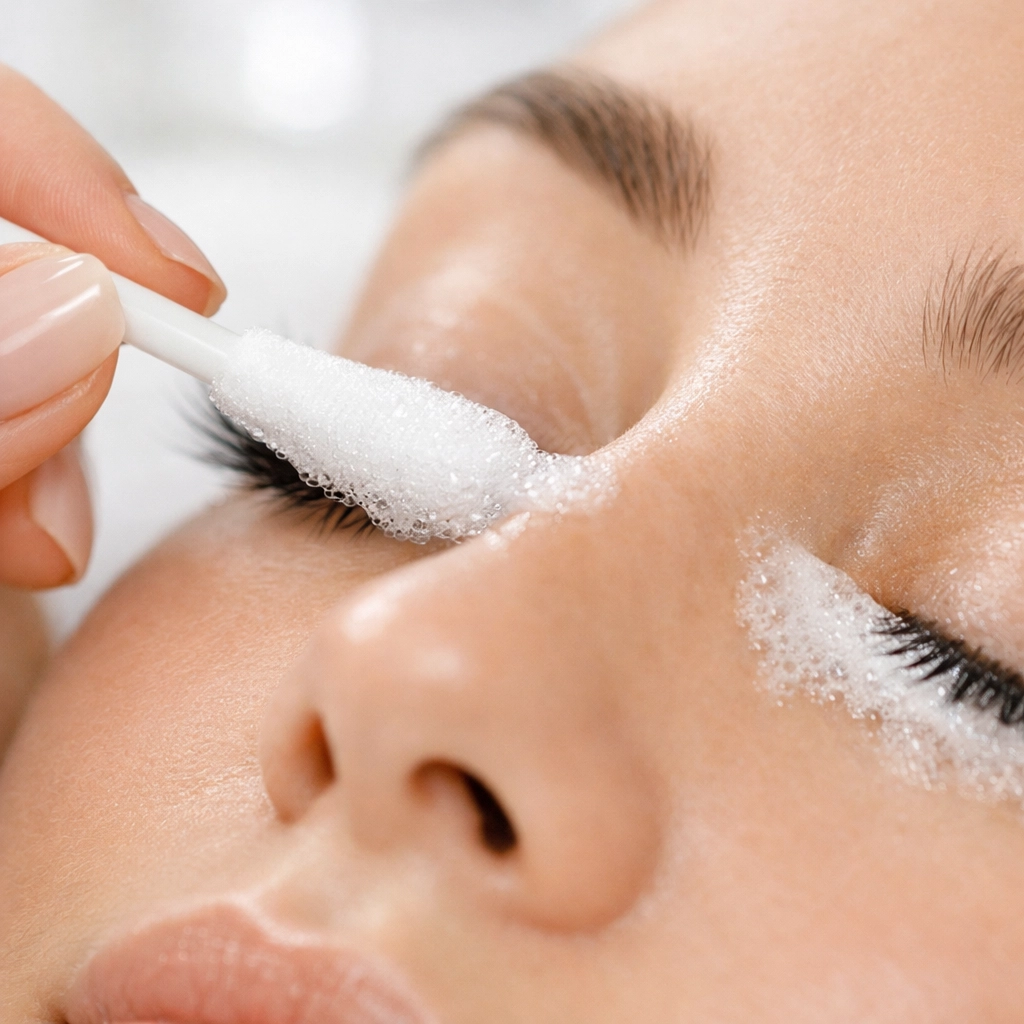 Professional lash artist cleansing eyelashes with a lint-free applicator before a lash lift service.