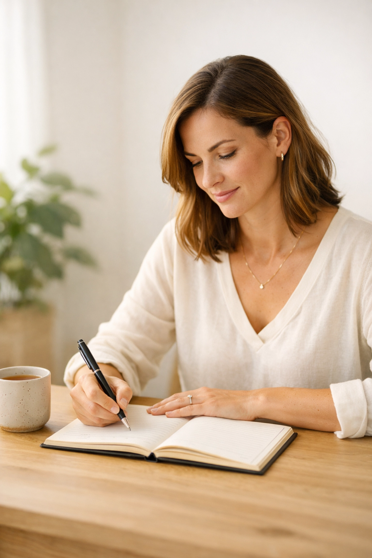 Focused mom entrepreneur at a clean desk planning business growth through the Daily One 15-minute system.