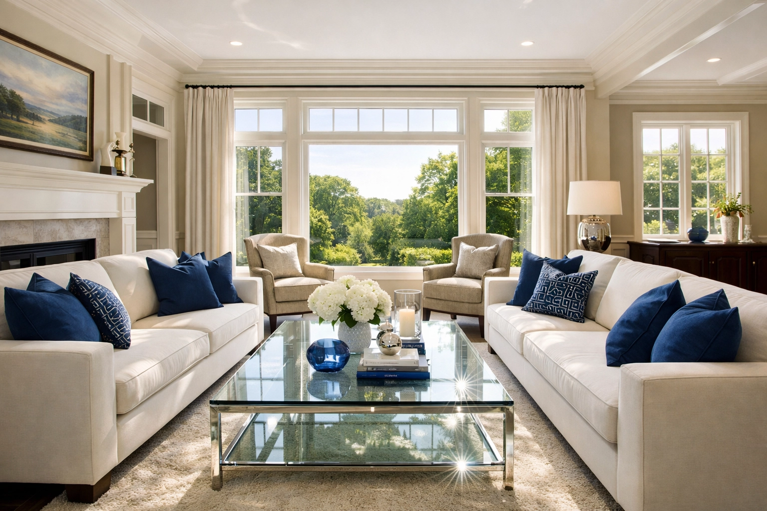 A pristine Westborough living room with white sofas, perfectly maintained by a professional weekly house cleaning service.