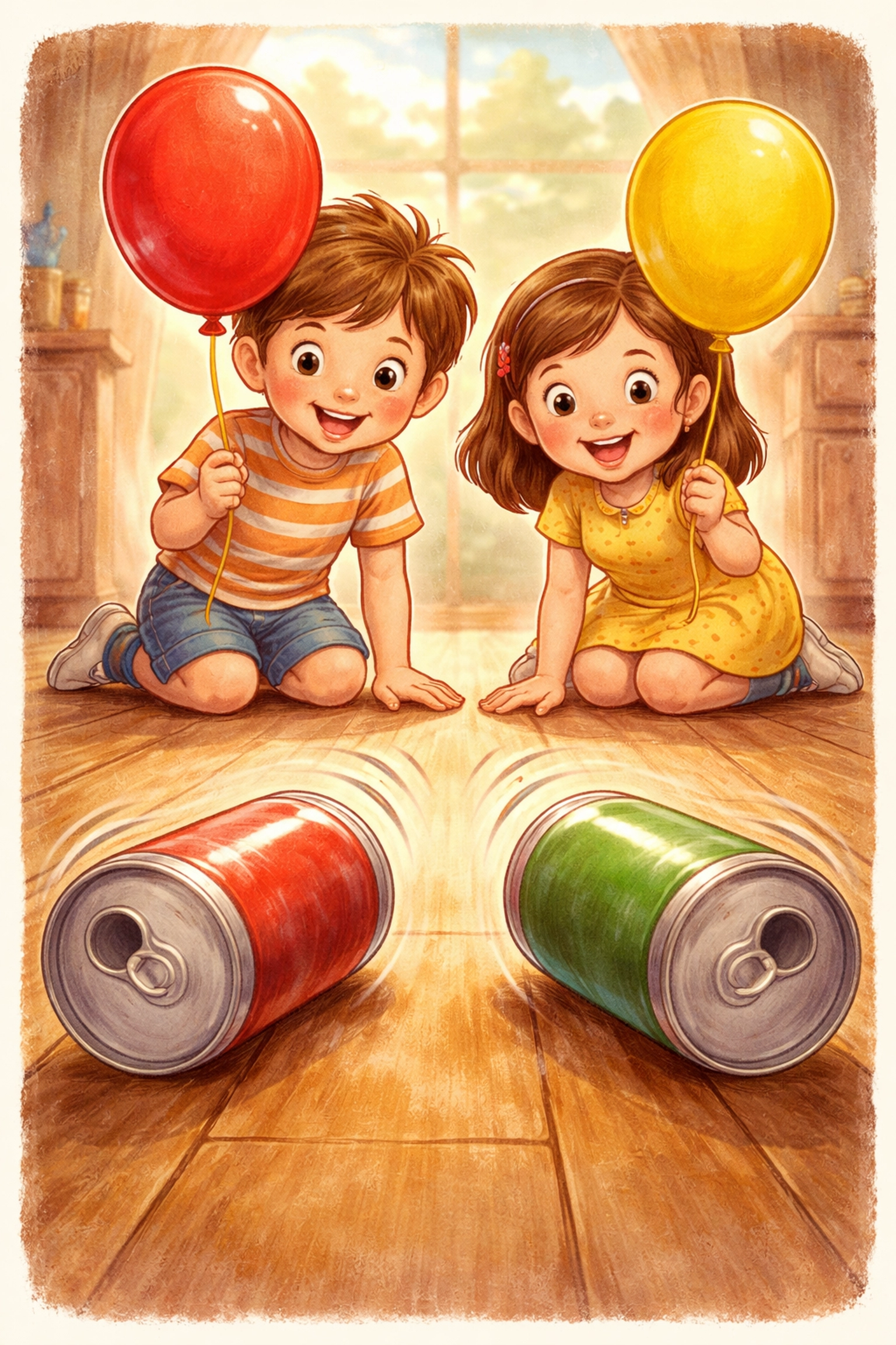 Two excited children race aluminum cans with colorful balloons on a wooden floor, showing a fun static electricity experiment.