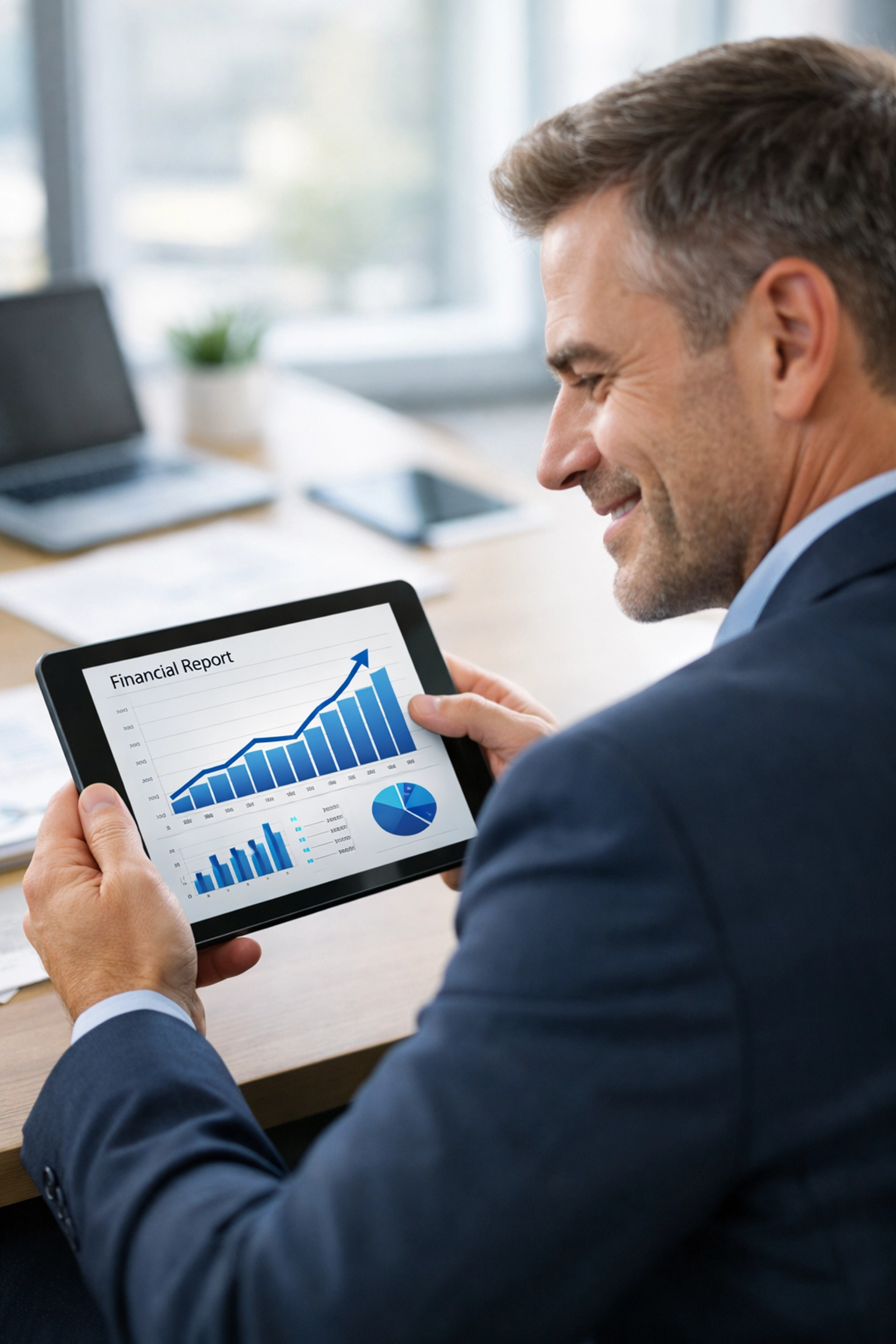 Executive reviewing positive ServiceNow ITOM ROI reports and consulting services financial performance