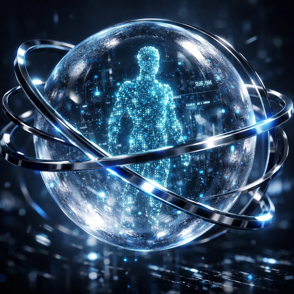 Futuristic glass sphere with a data-driven human silhouette representing AI-assisted personalization.