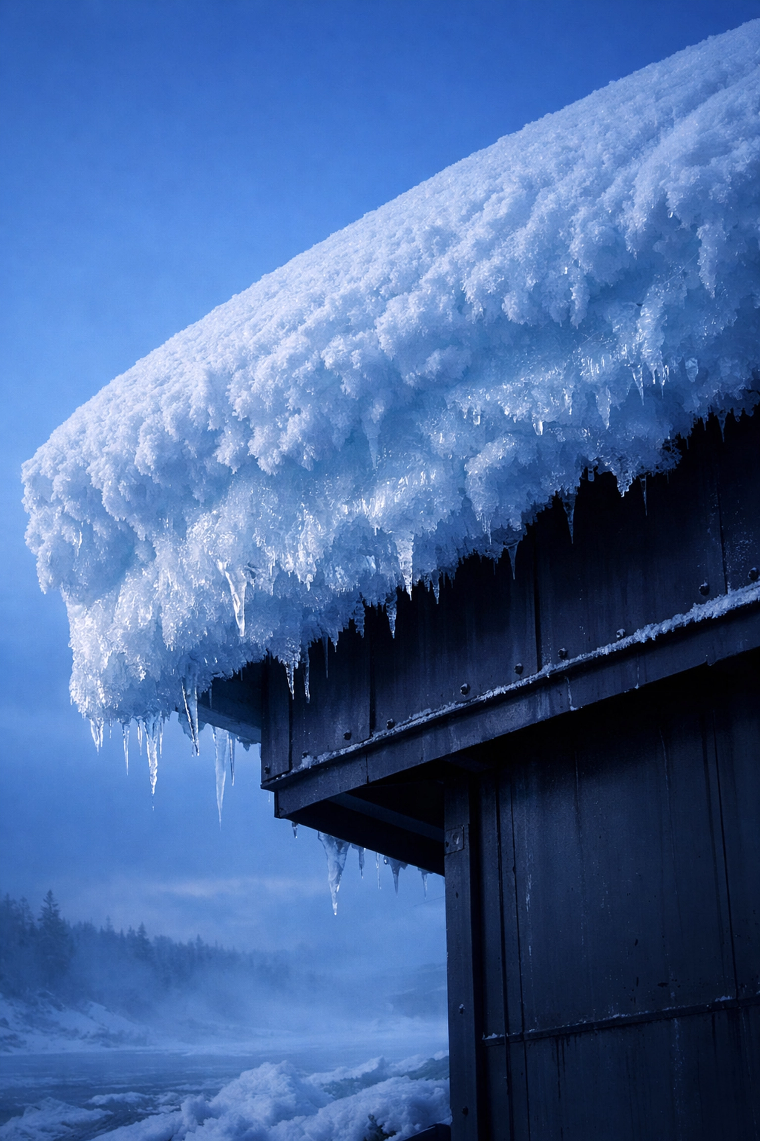 Heavy snow and ice accumulation on an Alaska industrial roof showing a sudden weather loss.