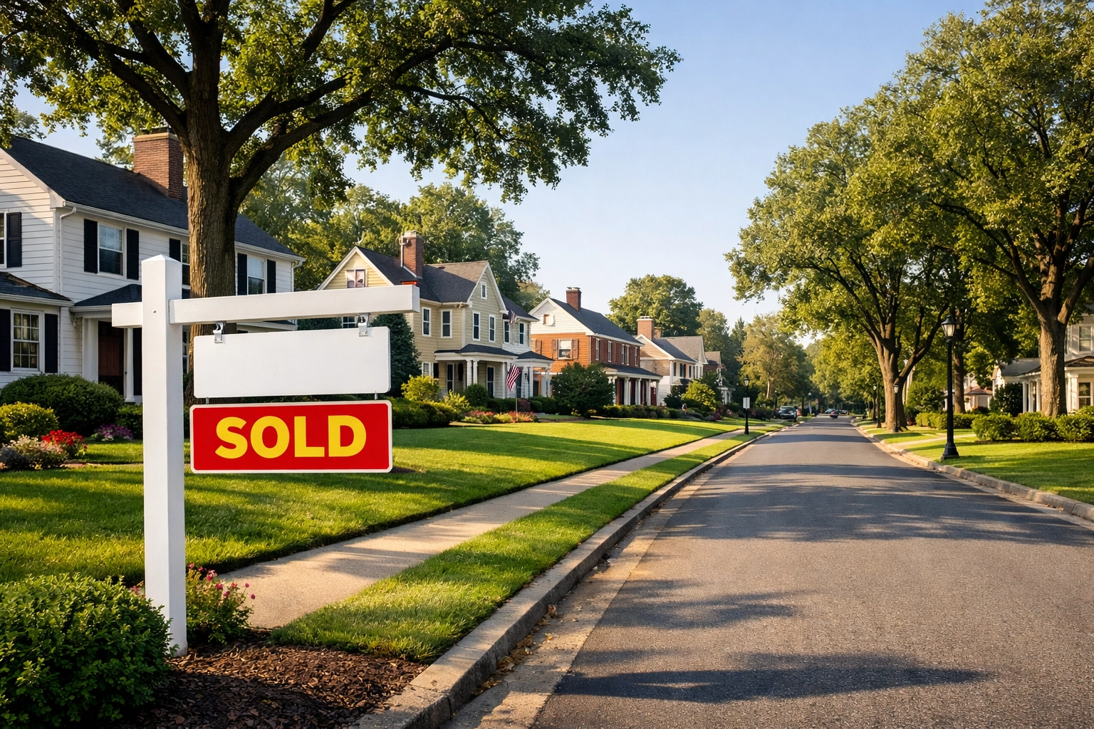 High-end colonial homes on a sunny street in Clarks Summit PA with a sold sign, handled by a realtor Clarks Summit PA.