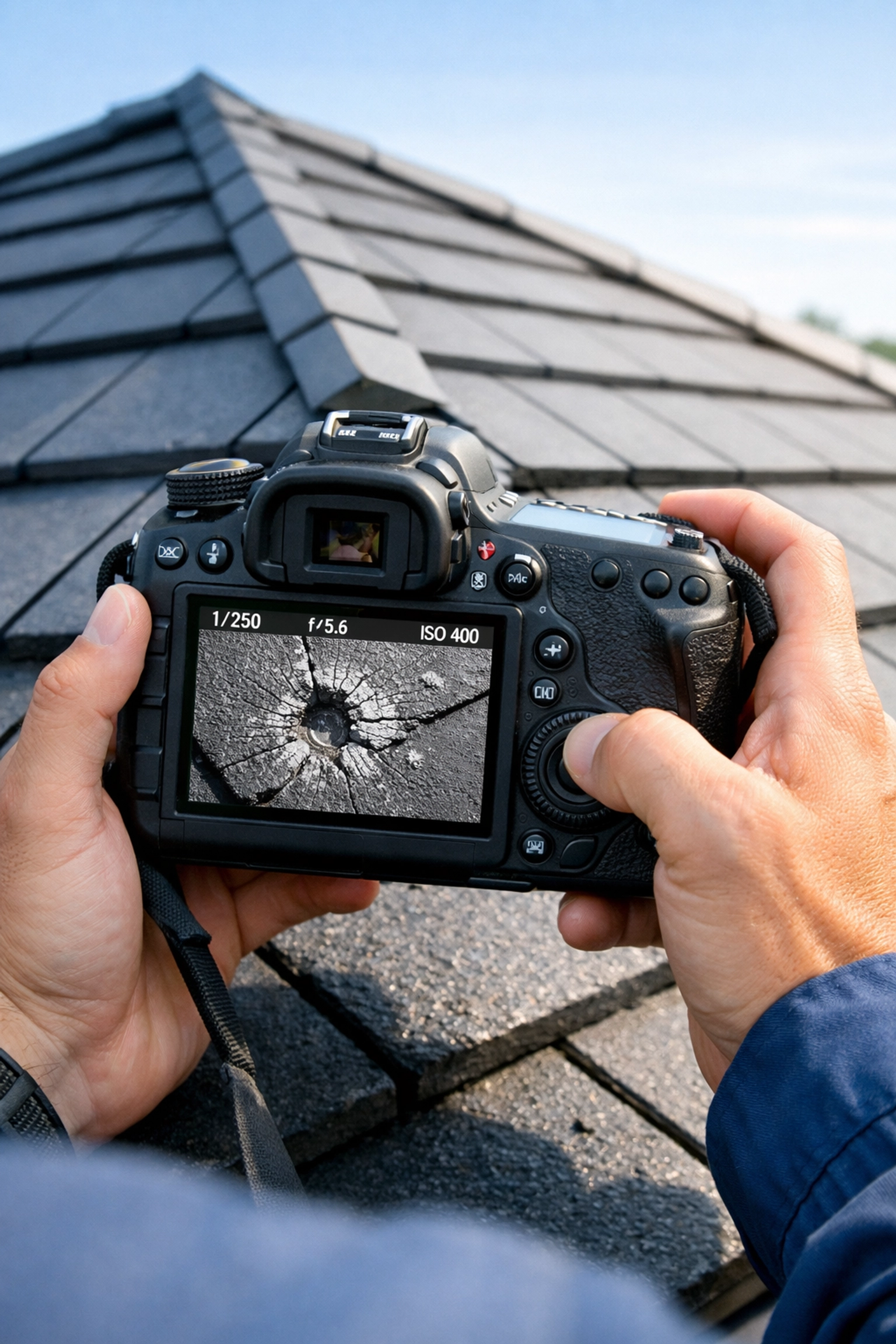 Professional roof inspector capturing photo evidence of damaged tiles for an insurance claim survey.
