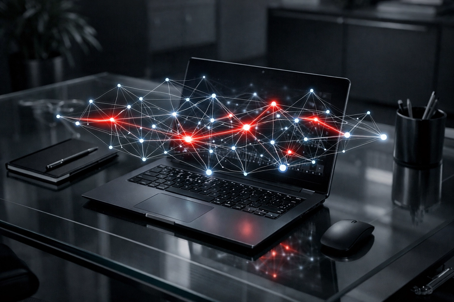 Digital network nodes above a laptop representing topical clusters and AI SEO optimization for small business search authority.