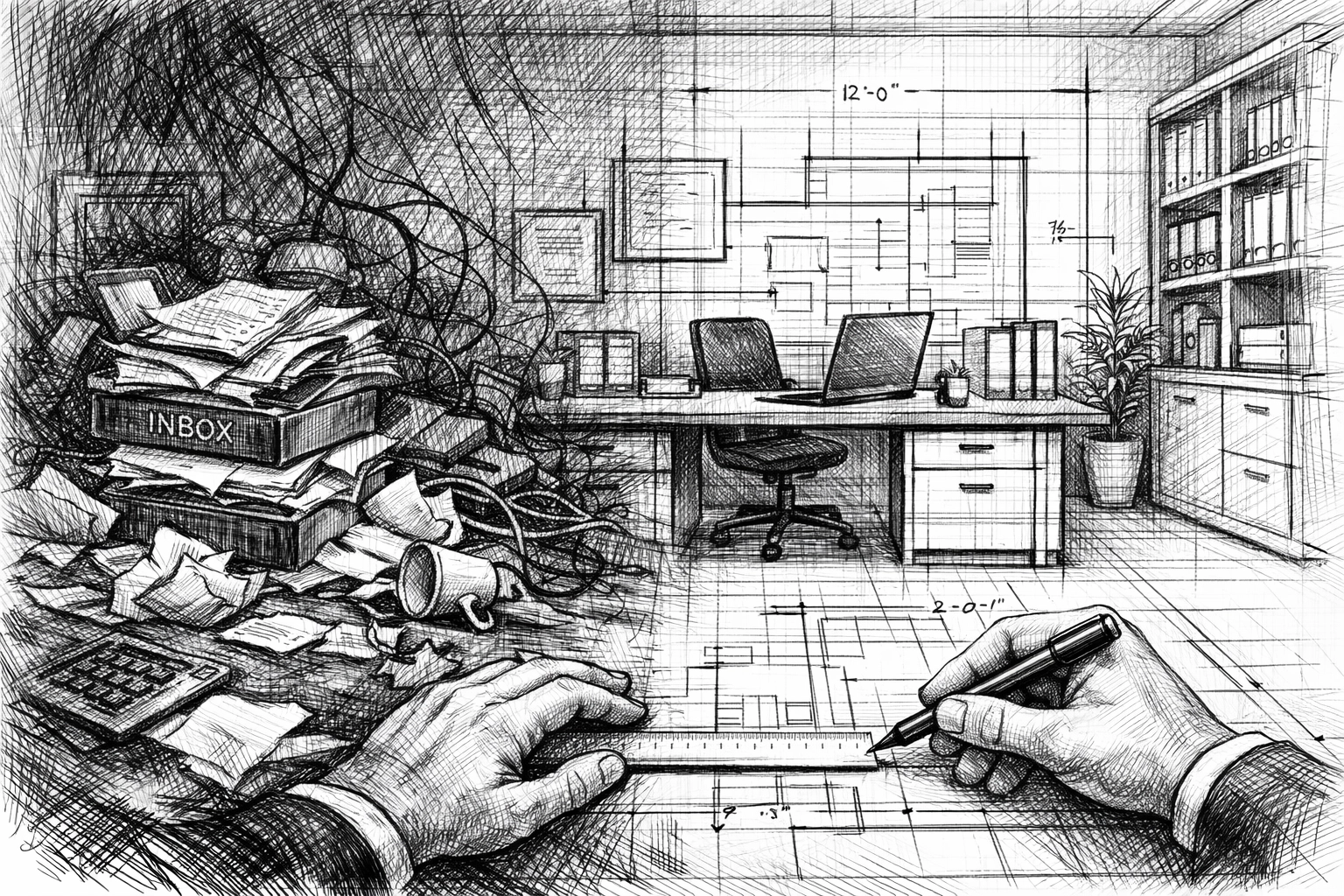 Sketch of office chaos turning into a blueprint to show business owner transition to organized systems.