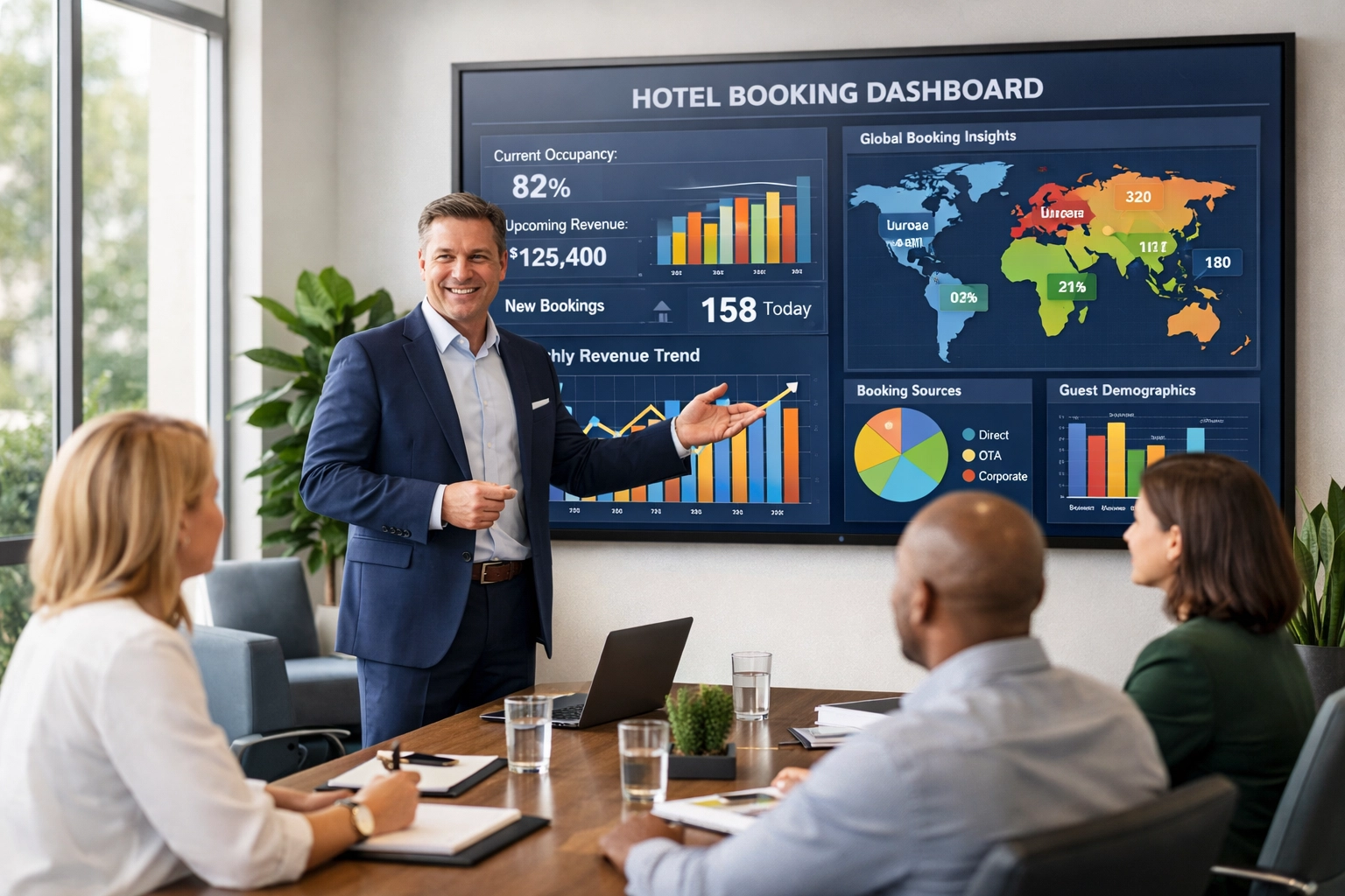 Hotel sales team analyzing GDS booking data and revenue management metrics