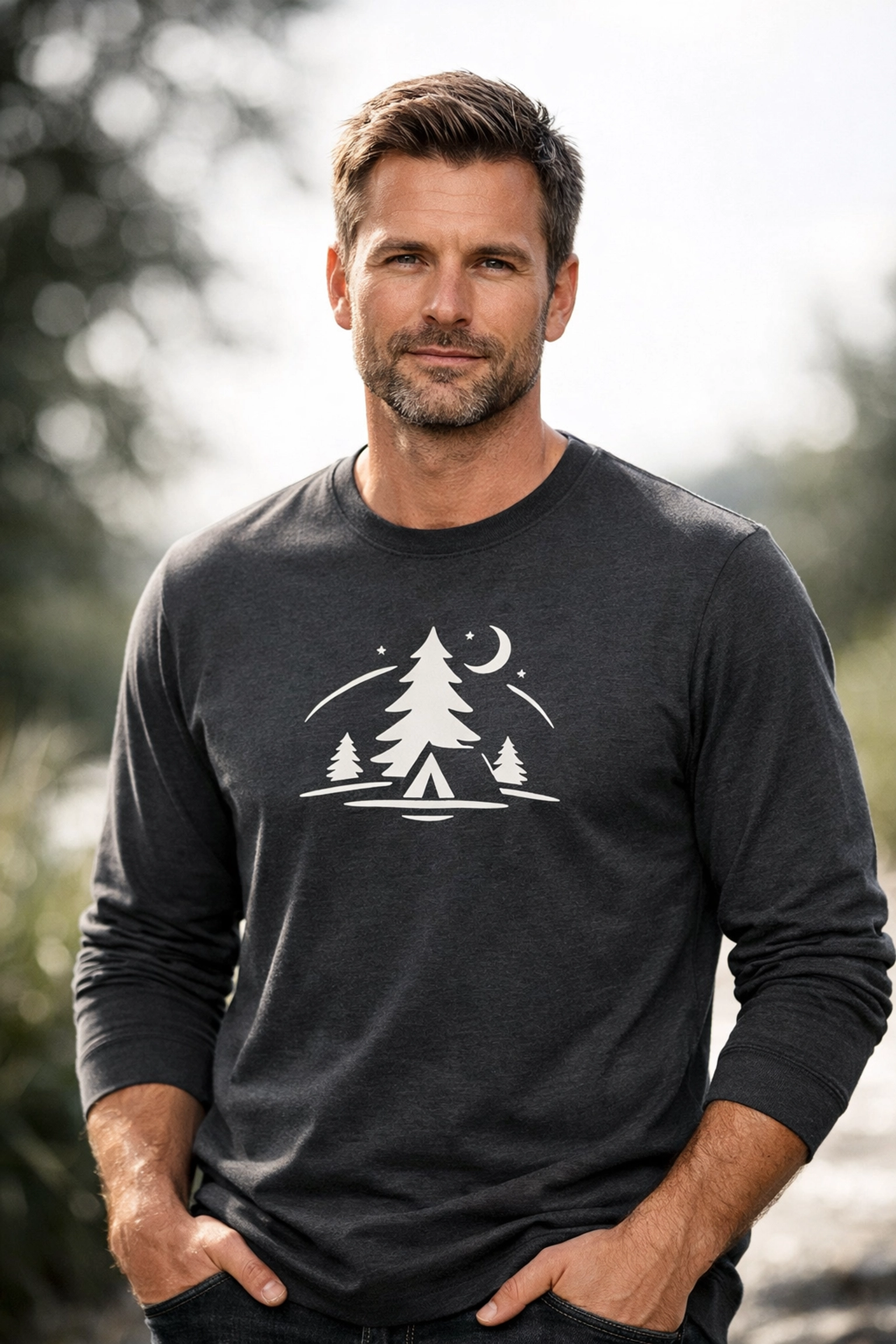Camp alumnus wearing a premium charcoal grey long-sleeve shirt with high-end minimalist design