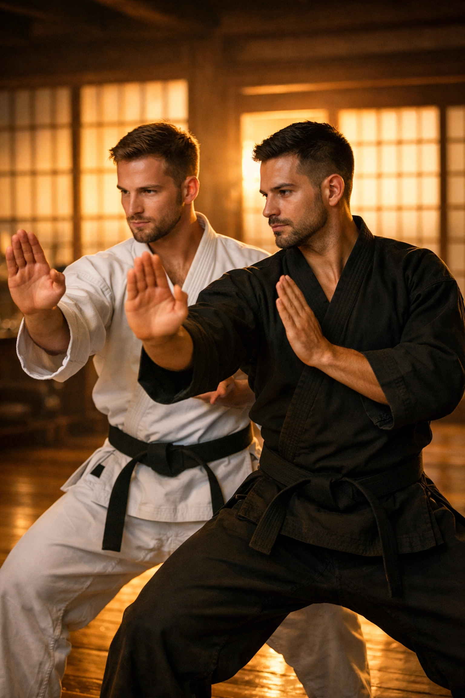 Two men practicing martial arts kata together in traditional dojo, LGBTQ+ representation in warrior training