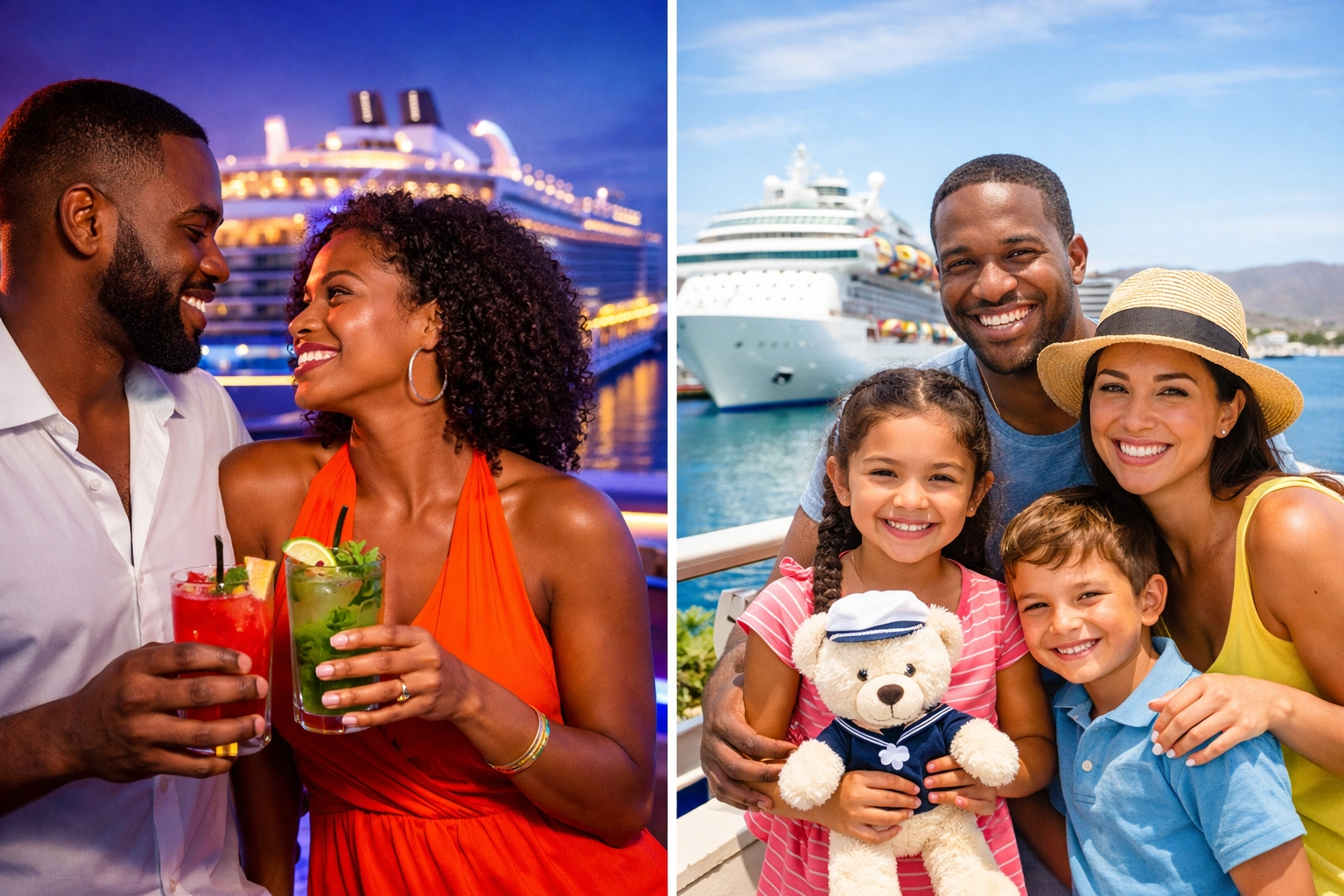 A split view comparing adults-only lifestyle cruises and family-friendly luxury vacations.