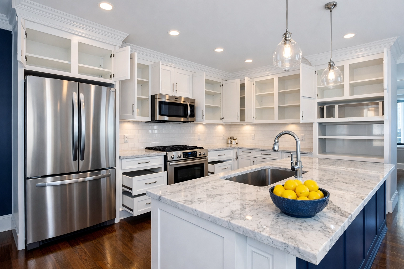 Spotless kitchen cabinets and appliances after a professional apartment cleaning in Boston move-out.