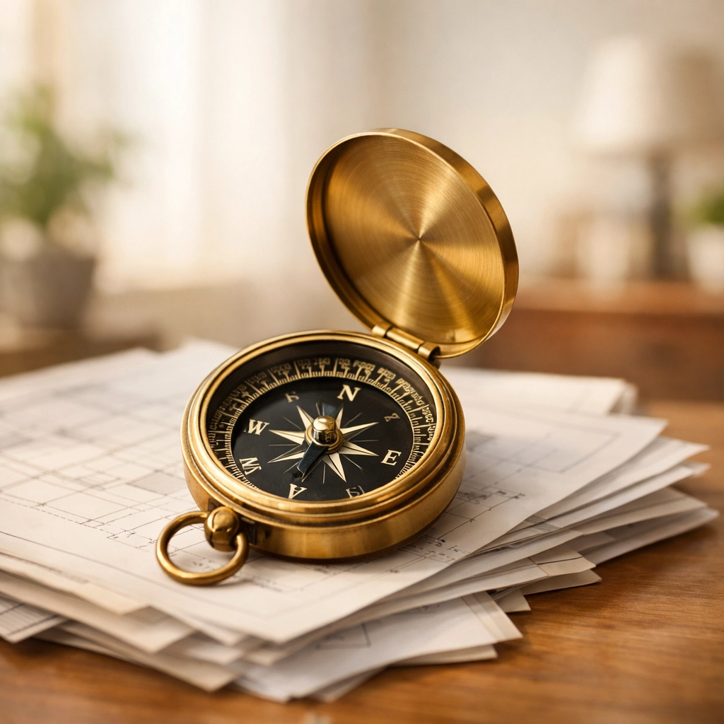 A vintage compass on house blueprints symbolizing strategic navigation of the 2026 mortgage market.