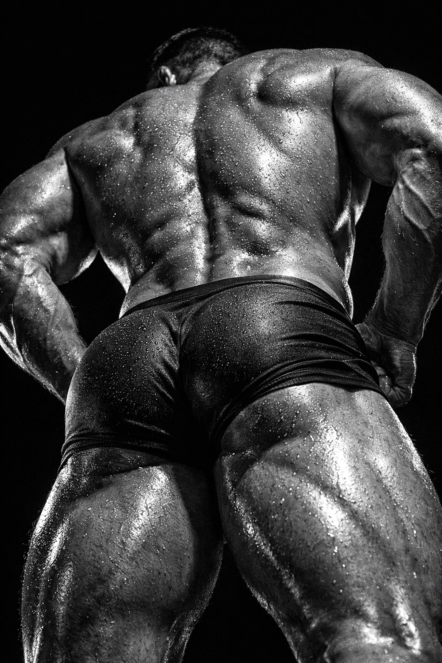 Gritty monochrome athletic art focusing on muscular glutes and the power of the male physique.