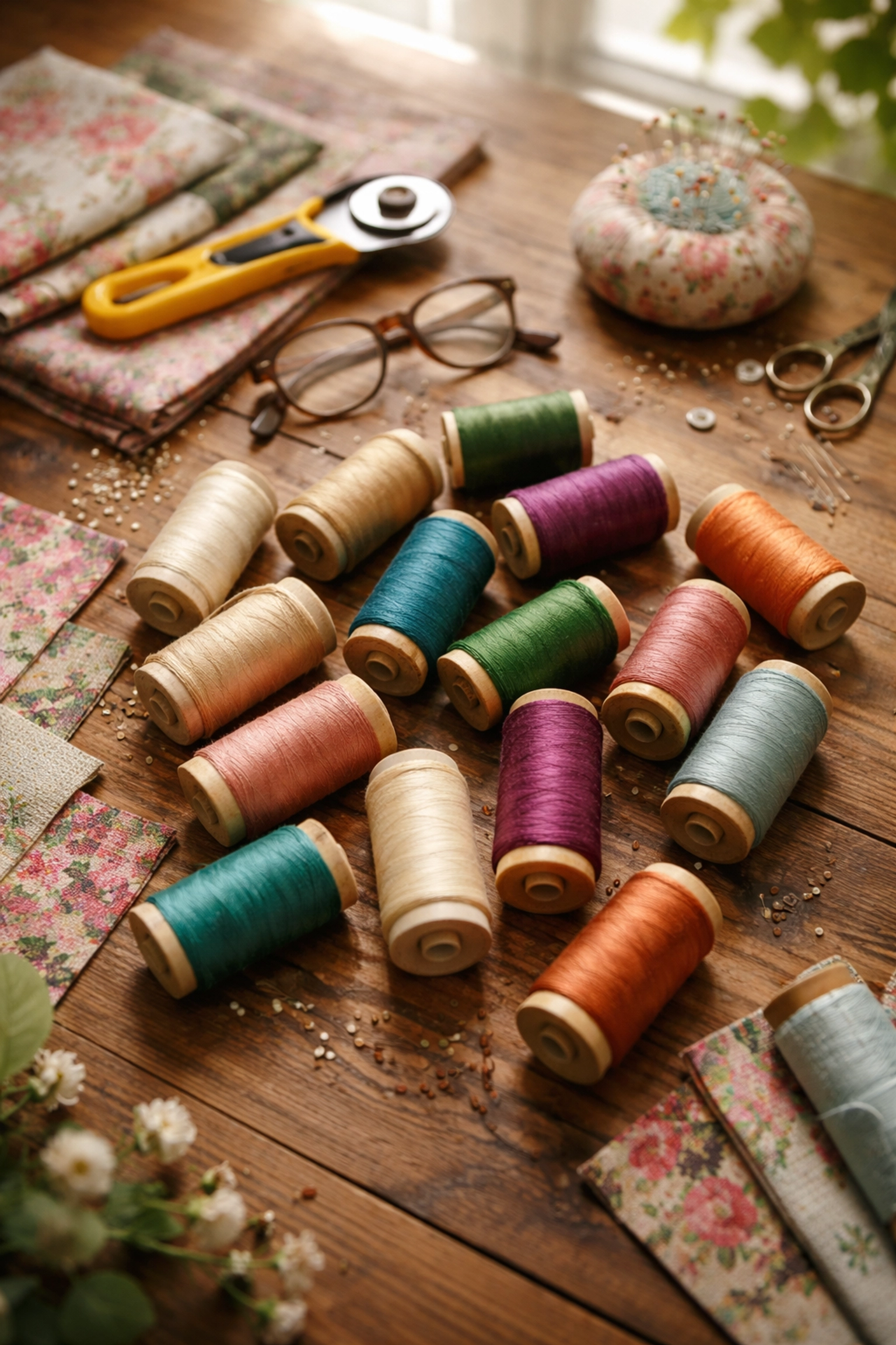 Assorted cotton and polyester quilting threads with quilting tools laid out on a rustic table, ideal for choosing the right thread.