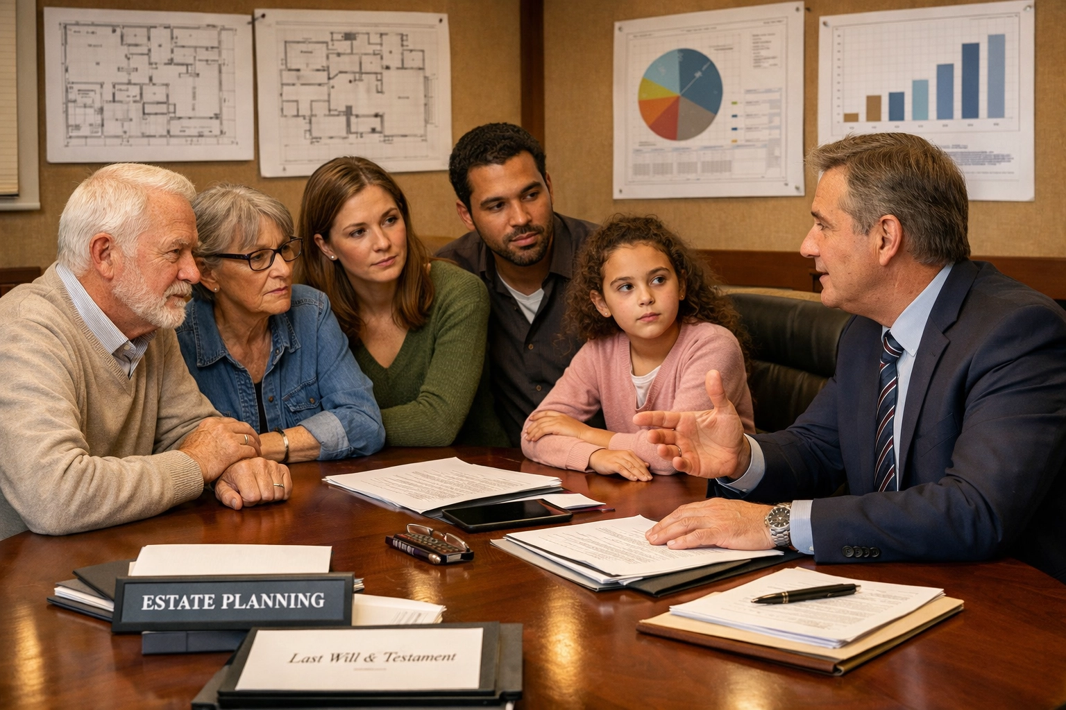 Multi-generational family meeting with estate planning advisor about business succession