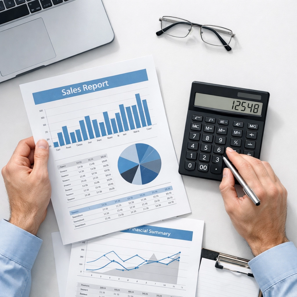 The Financial Case for “AI Employees” in Your Small Business 3 Hands reviewing financial documents with calculator for side hustle bookkeeping accuracy