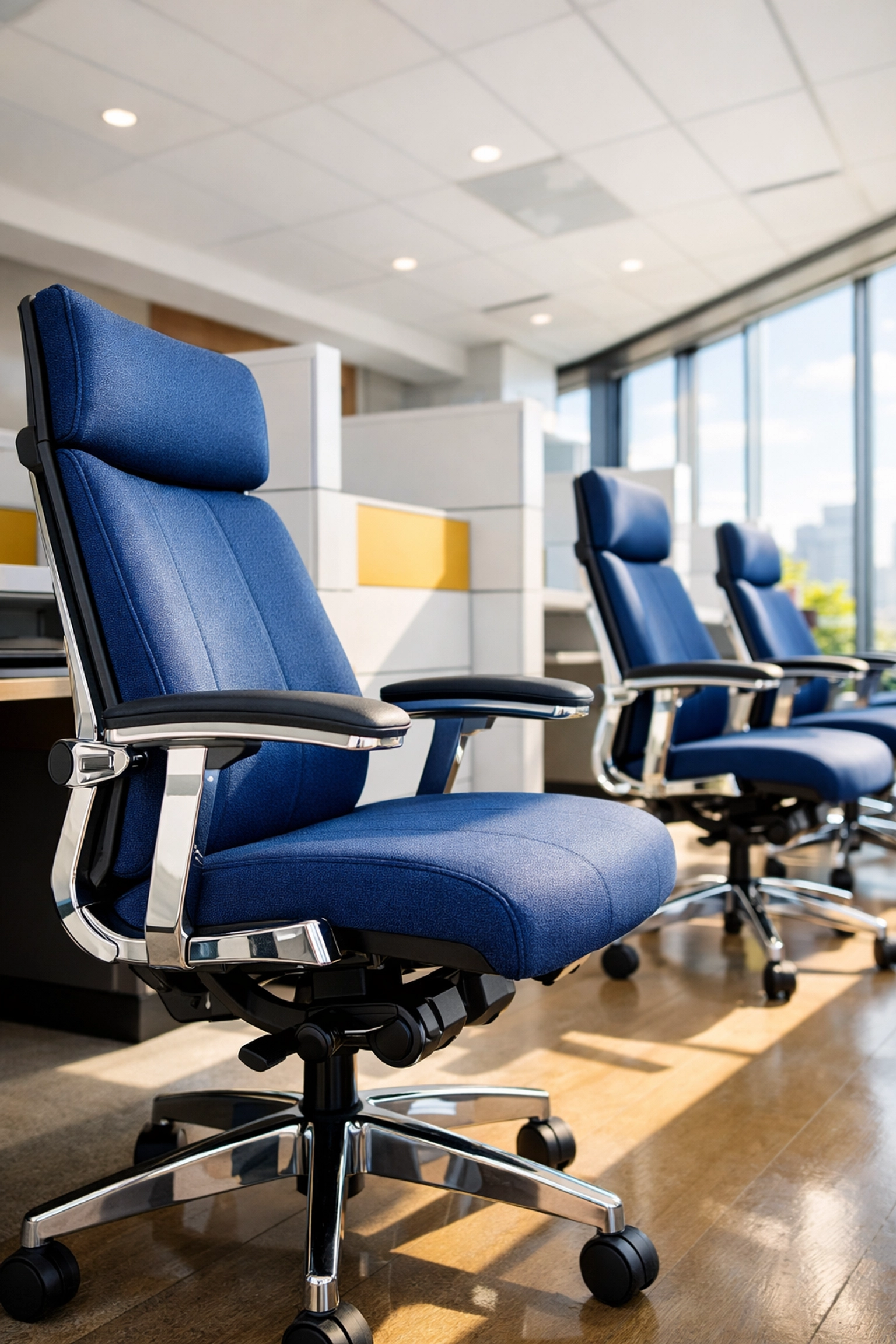 Sanitized blue fabric chairs in a bright workspace highlighting professional office cleaning Worcester results.
