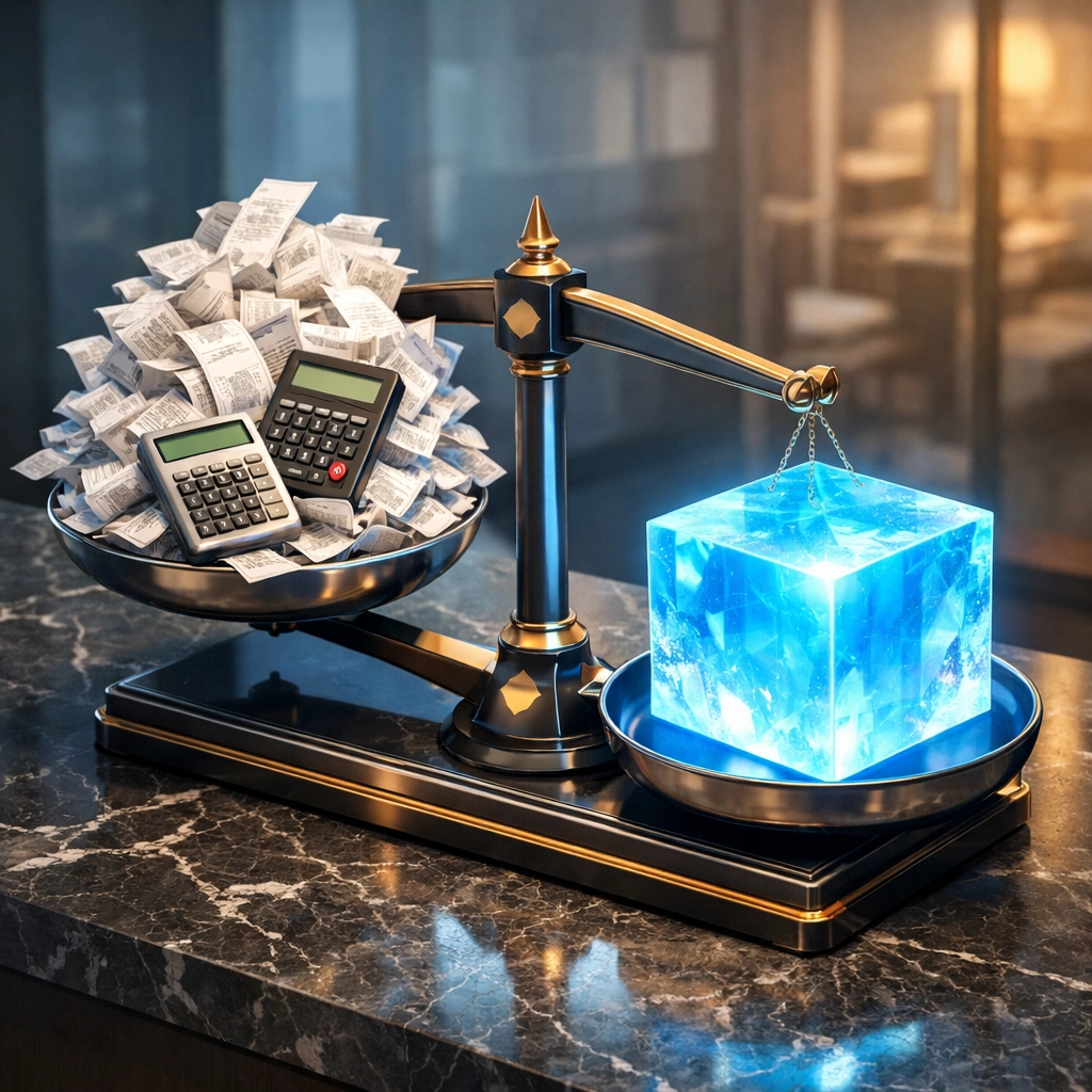 Scale showing the 2026 standard deduction outweighing a pile of tax receipts and calculators.