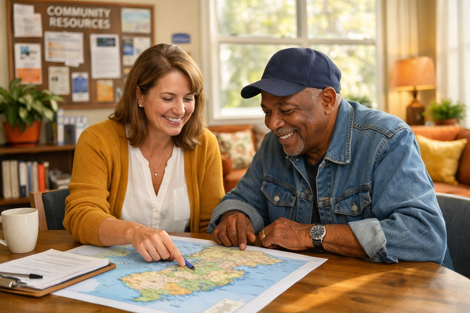 A counselor and resident discussing local community emergency assistance resources in a bright New Jersey office.
