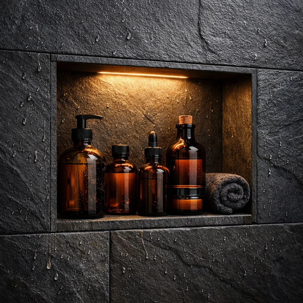 Illuminated recessed shower niche in a textured slate wall for stylish bathroom storage.
