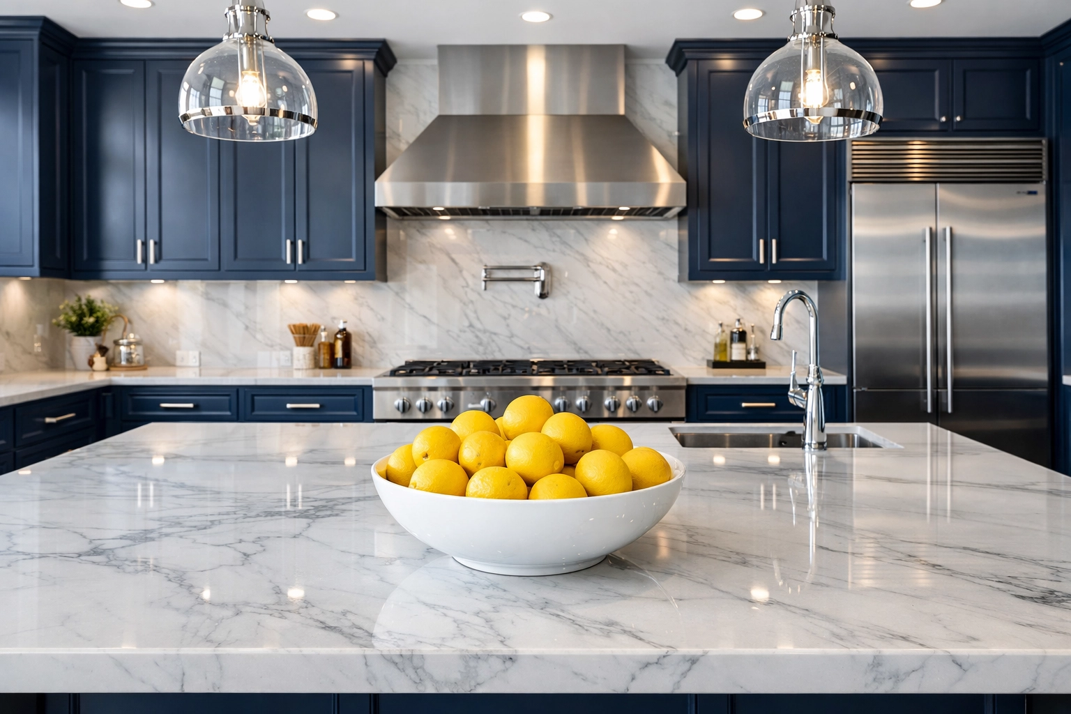 Sanitized modern kitchen in Dennis, MA with deep cleaned marble countertops and blue cabinetry.