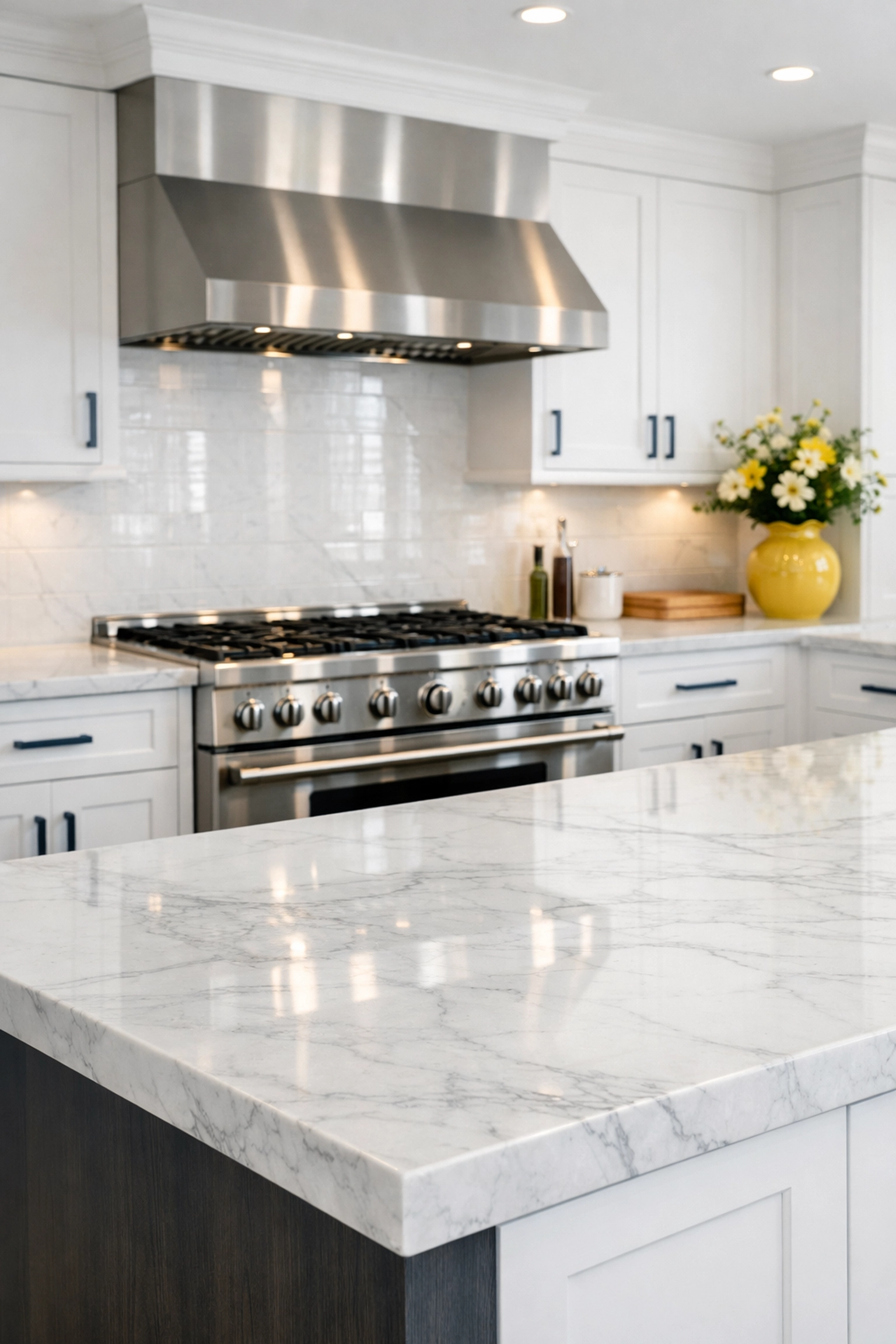 Spotless modern kitchen after professional deep cleaning in Leominster MA with clean marble and shiny appliances.