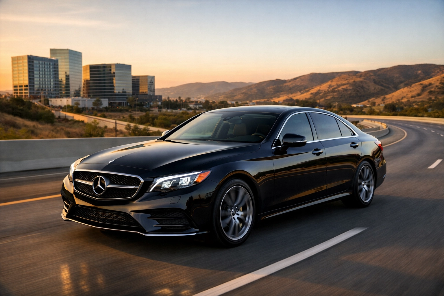 Luxury black sedan on 241 Toll Road for Rancho Santa Margarita executive car service