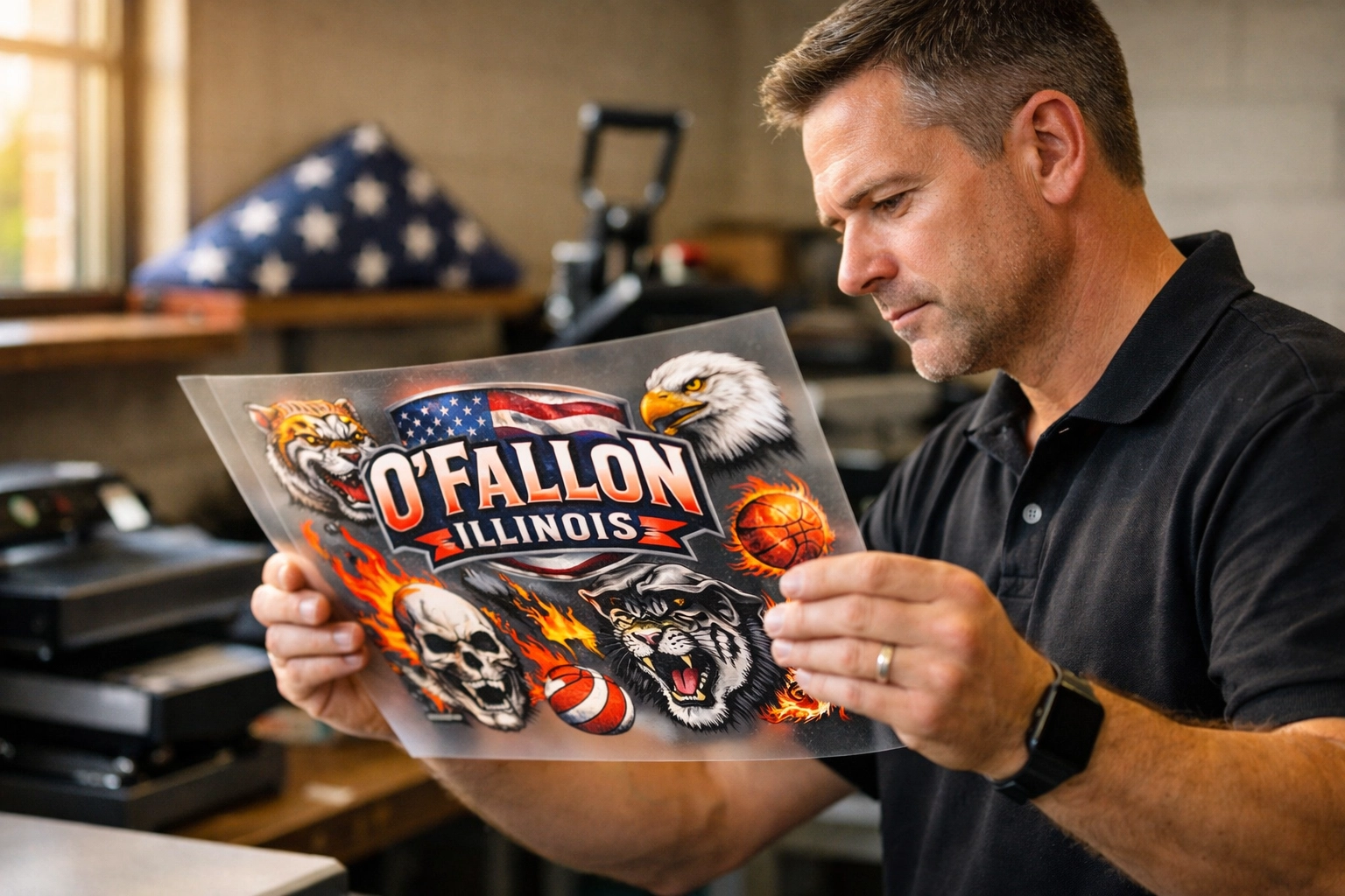 Veteran-owned print shop in O'Fallon IL inspecting high-quality DTF transfers for local businesses.