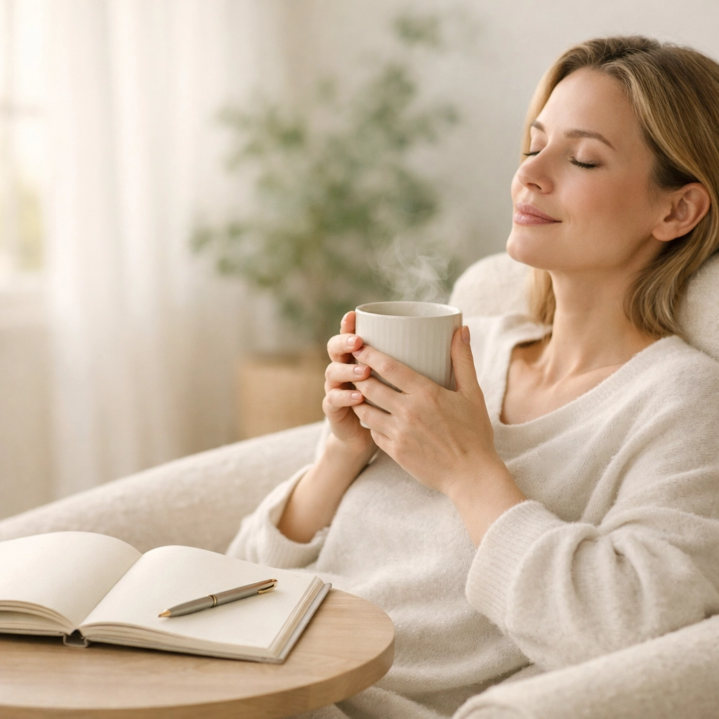 Calm CEO mom in a peaceful home office setting, illustrating the quiet power of showing up without business overwhelm.