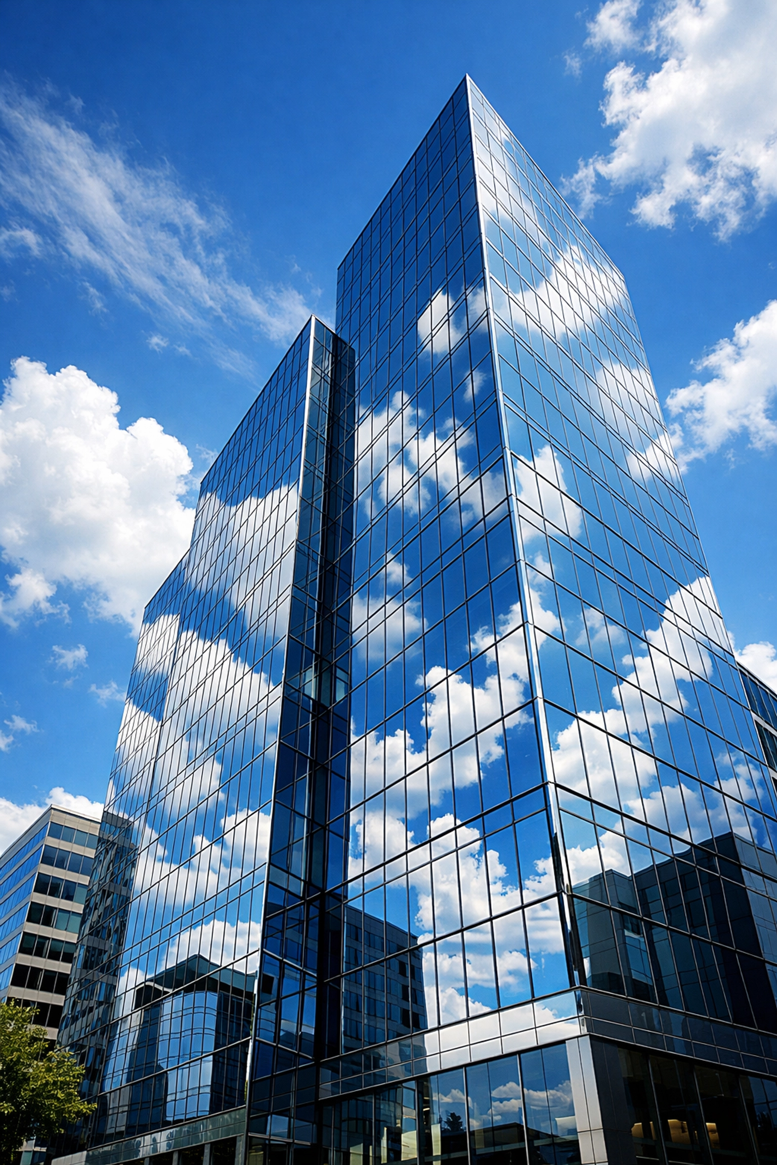 Sleek commercial glass building in White Plains with perfectly polished, reflective windows.