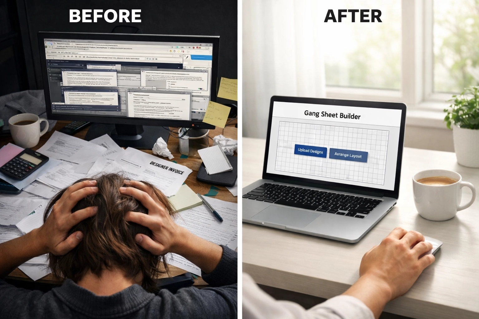 Before and after comparison showing streamlined gang sheet builder workflow