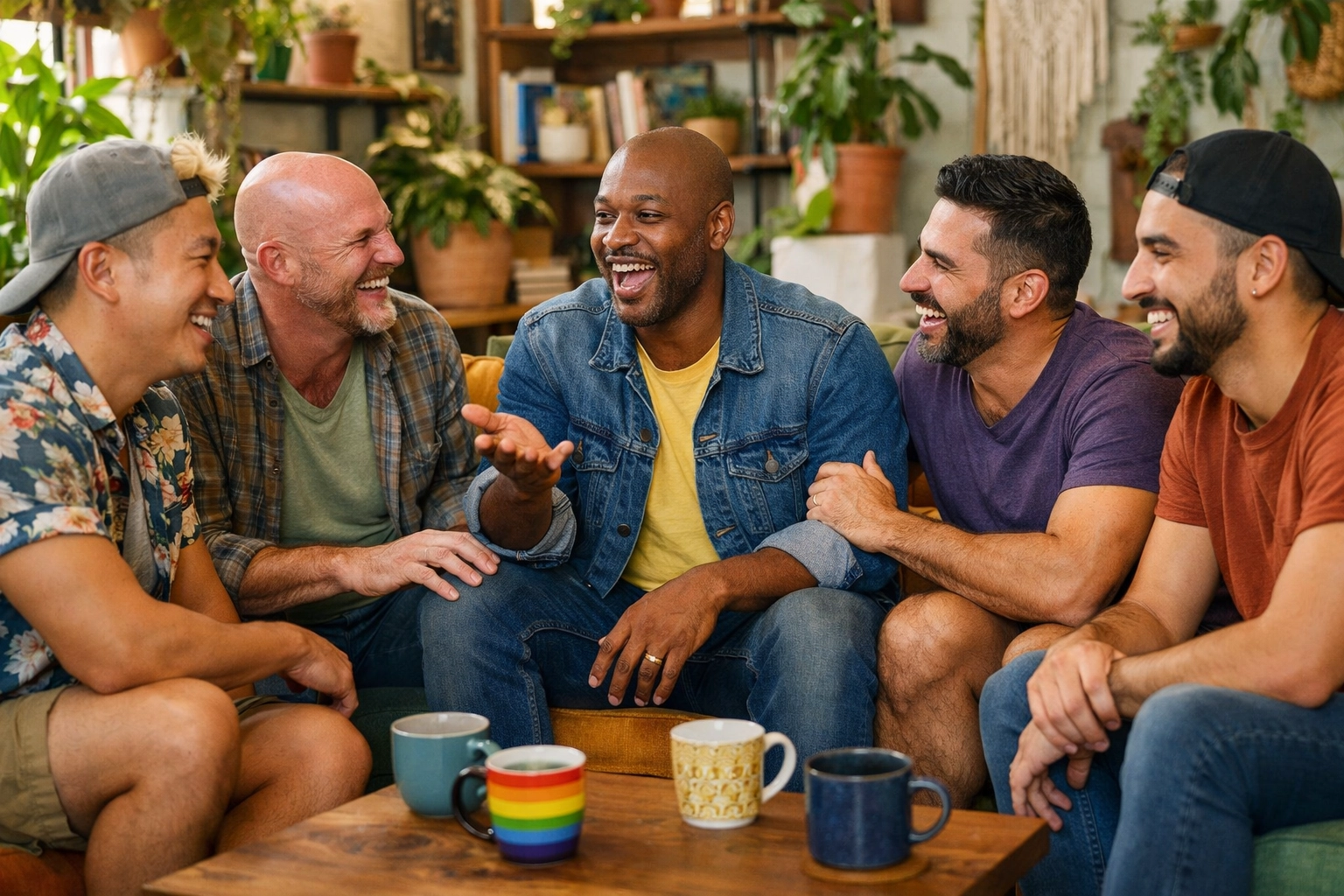 A diverse group of gay and bisexual men sharing peer support and community in a warm, social setting.