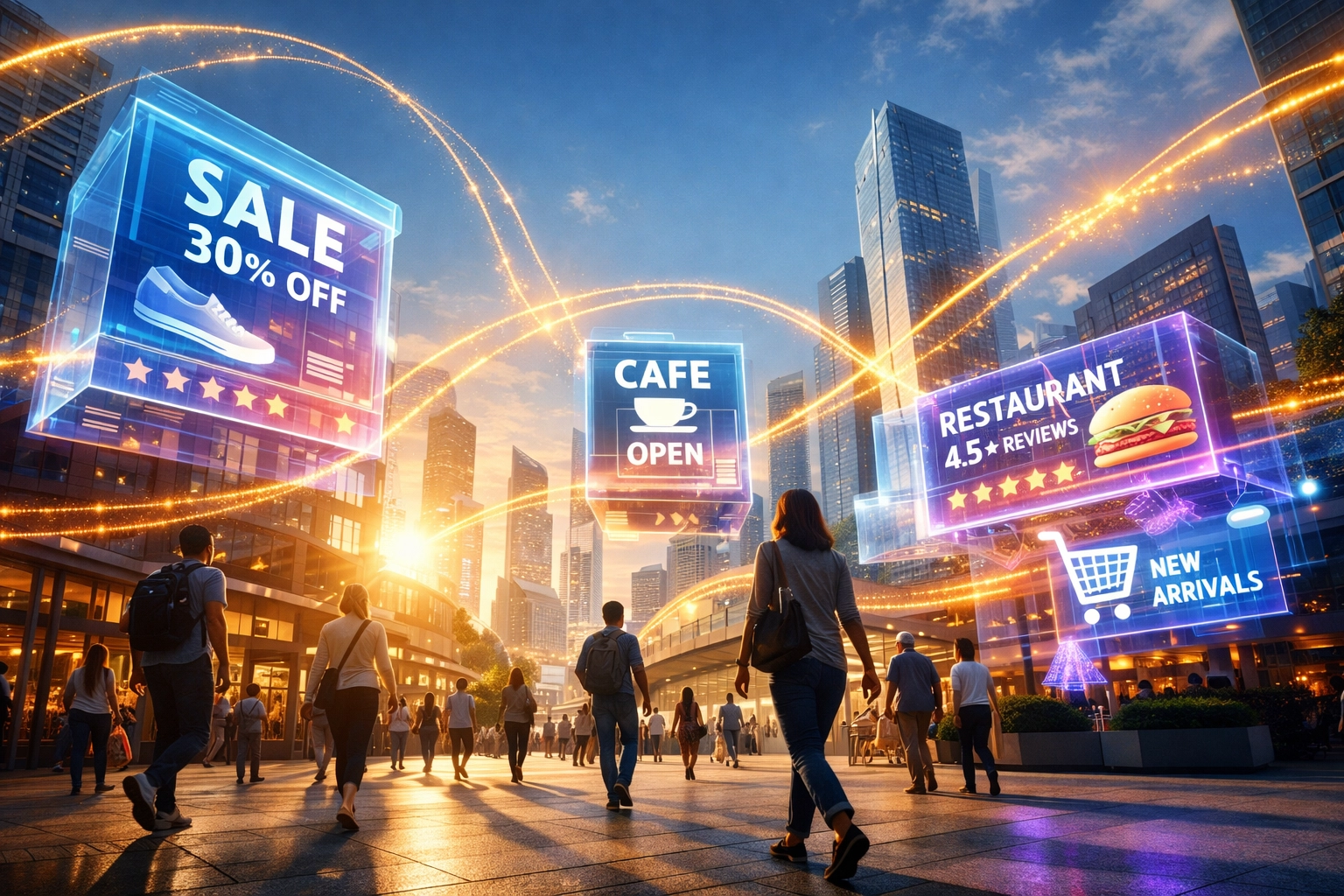 Augmented reality shopping plaza featuring digital storefronts and integrated Web3 payment systems.