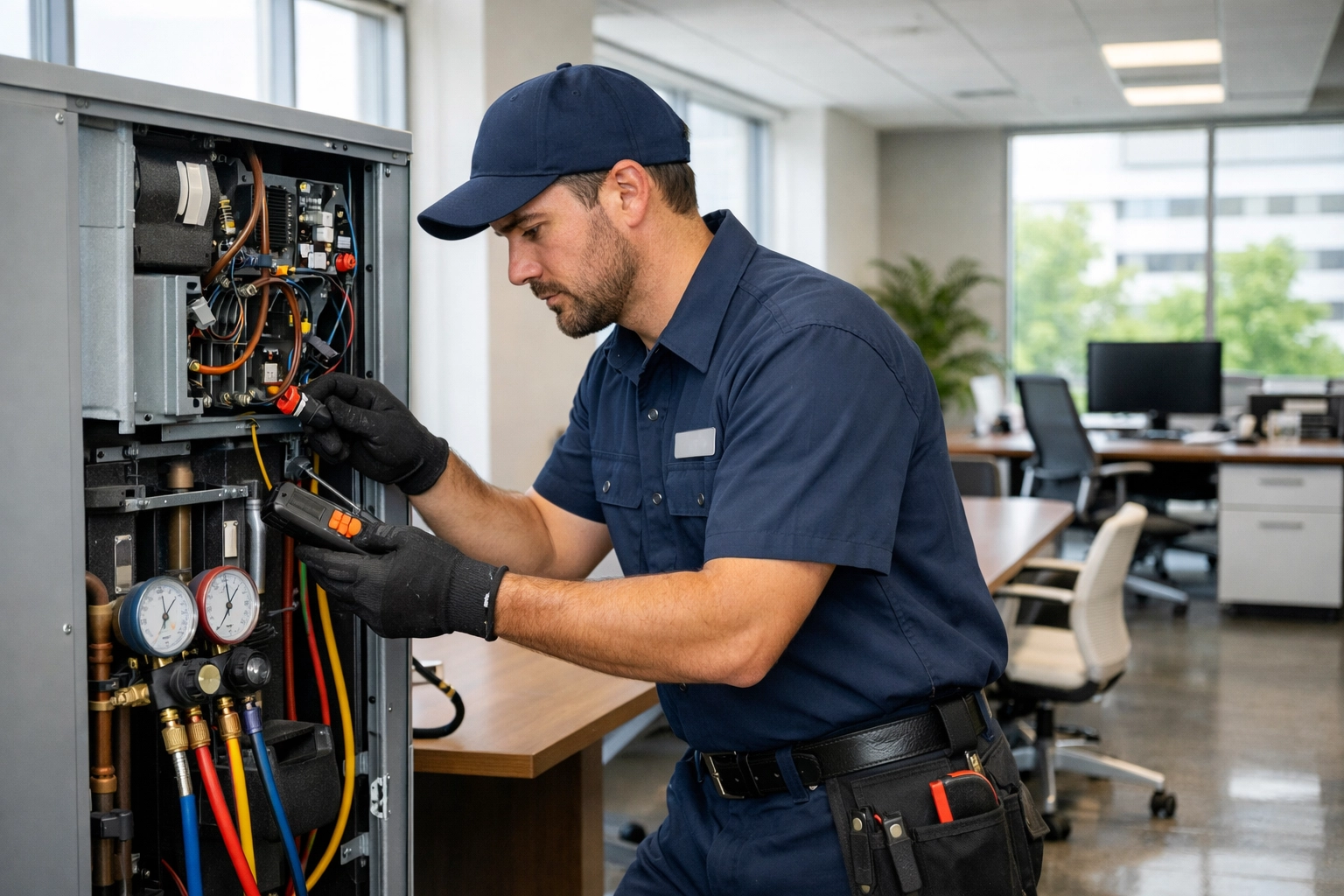 Service technician performing HVAC work at customer office location