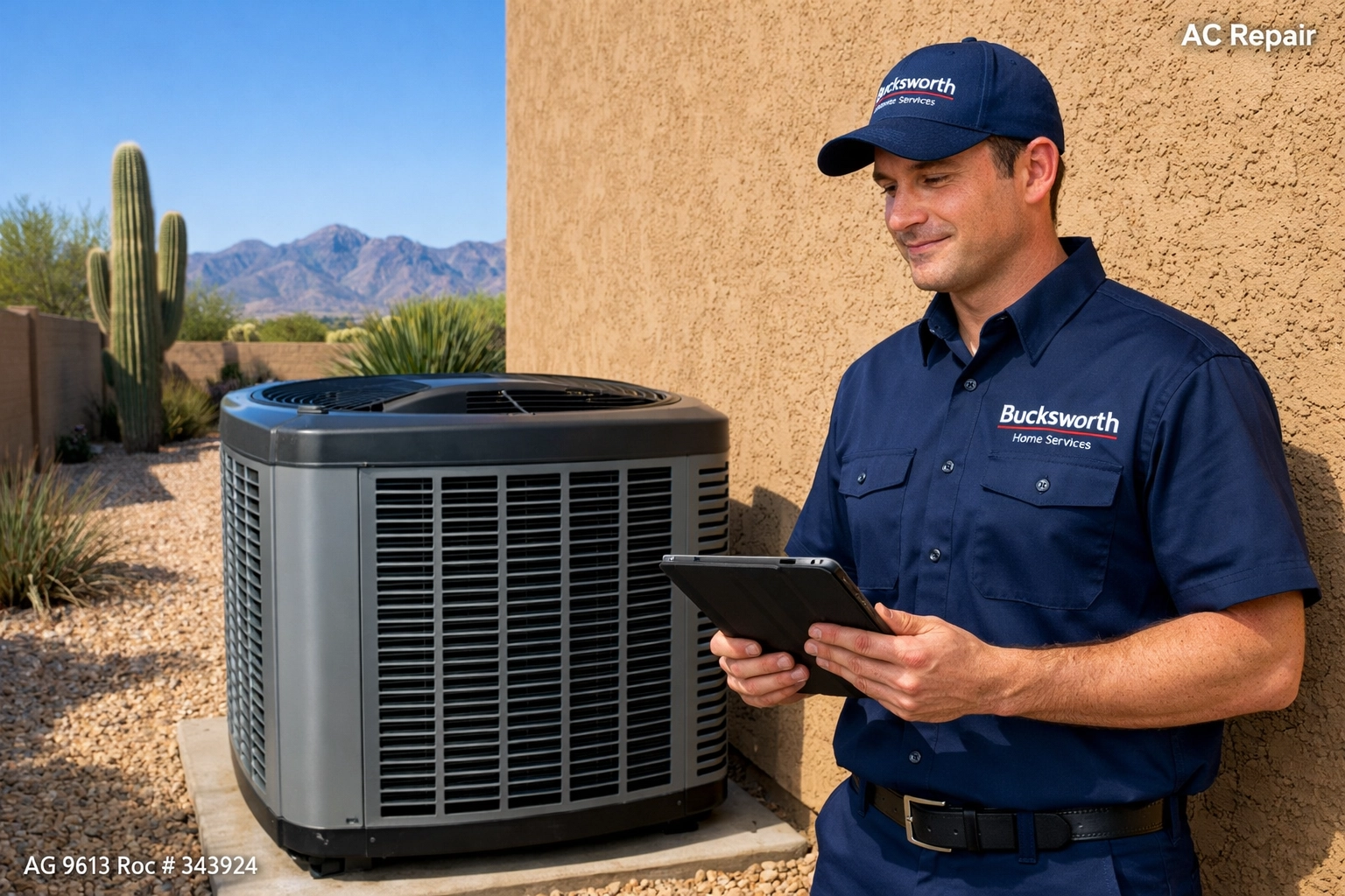 Bucksworth technician inspecting a residential unit for AC repair in Estrella Mountain AZ.
