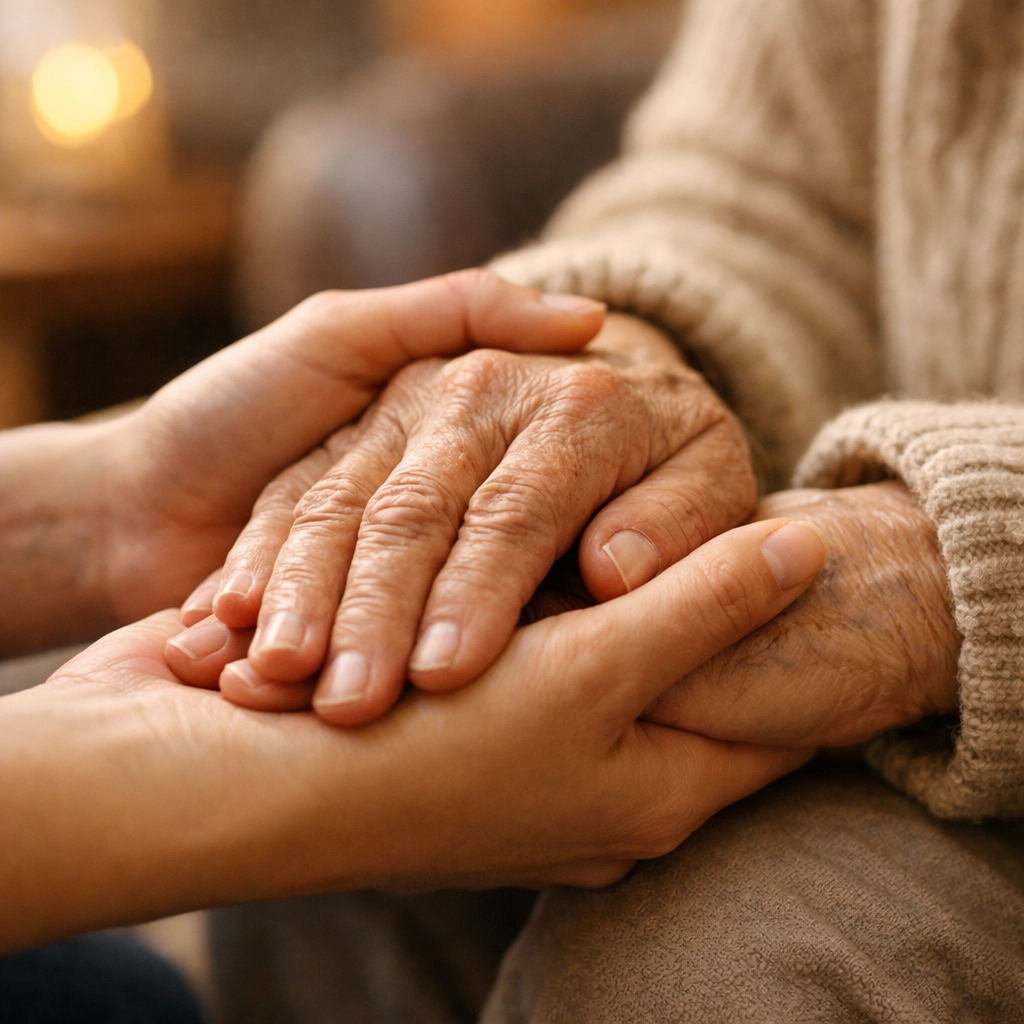 Close-up of a compassionate caregiver holding a senior's hands, illustrating holistic and respectful care.
