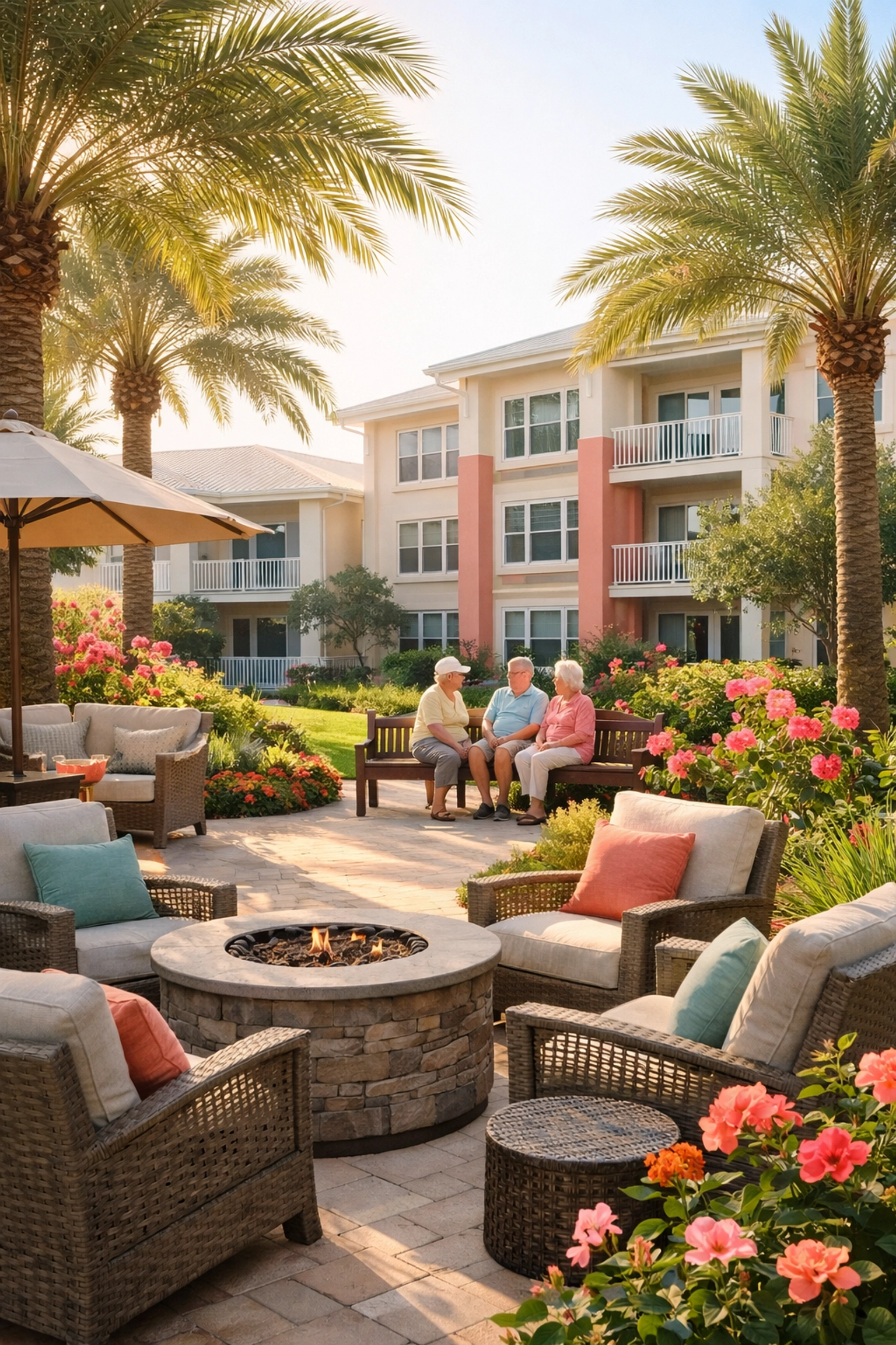 Independent living community courtyard in Sarasota with tropical landscaping and seniors socializing
