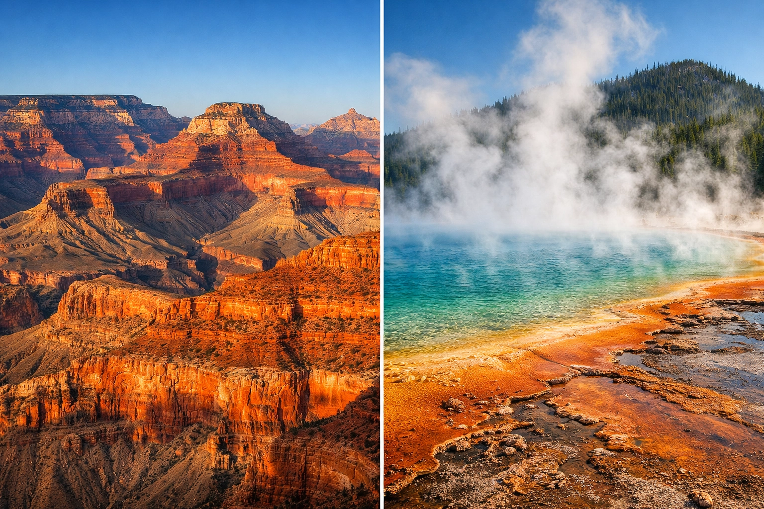 Comparison of Grand Canyon rock strata and a steaming Yellowstone thermal pool for student science curriculum.