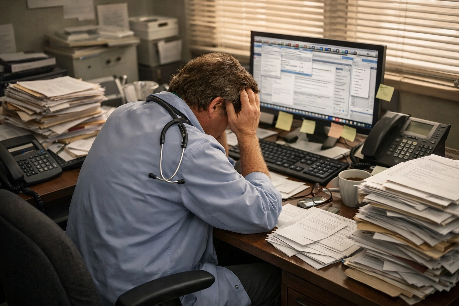 Overwhelmed healthcare practice owner at cluttered desk buried in paperwork and administrative tasks