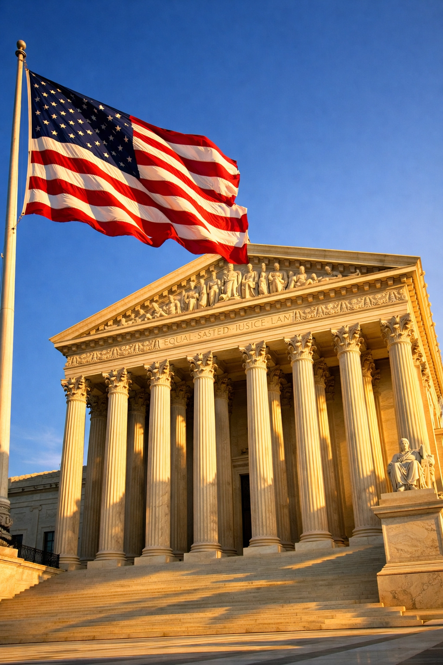 Supreme Court building with American flag representing constitutional student rights and Pledge of Allegiance law