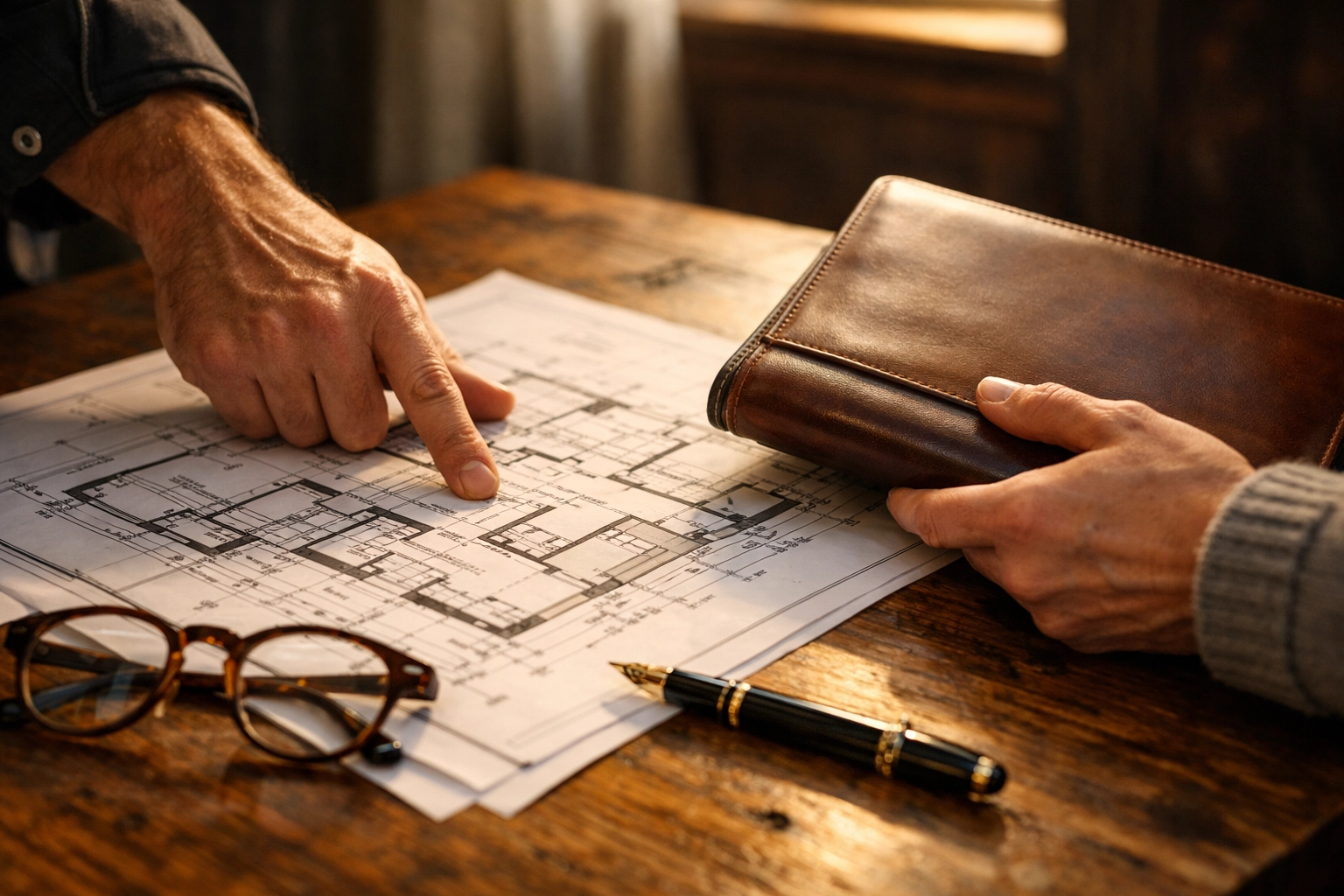 Homeowner and professional builder reviewing construction plans and insurance documents over architectural blueprints.